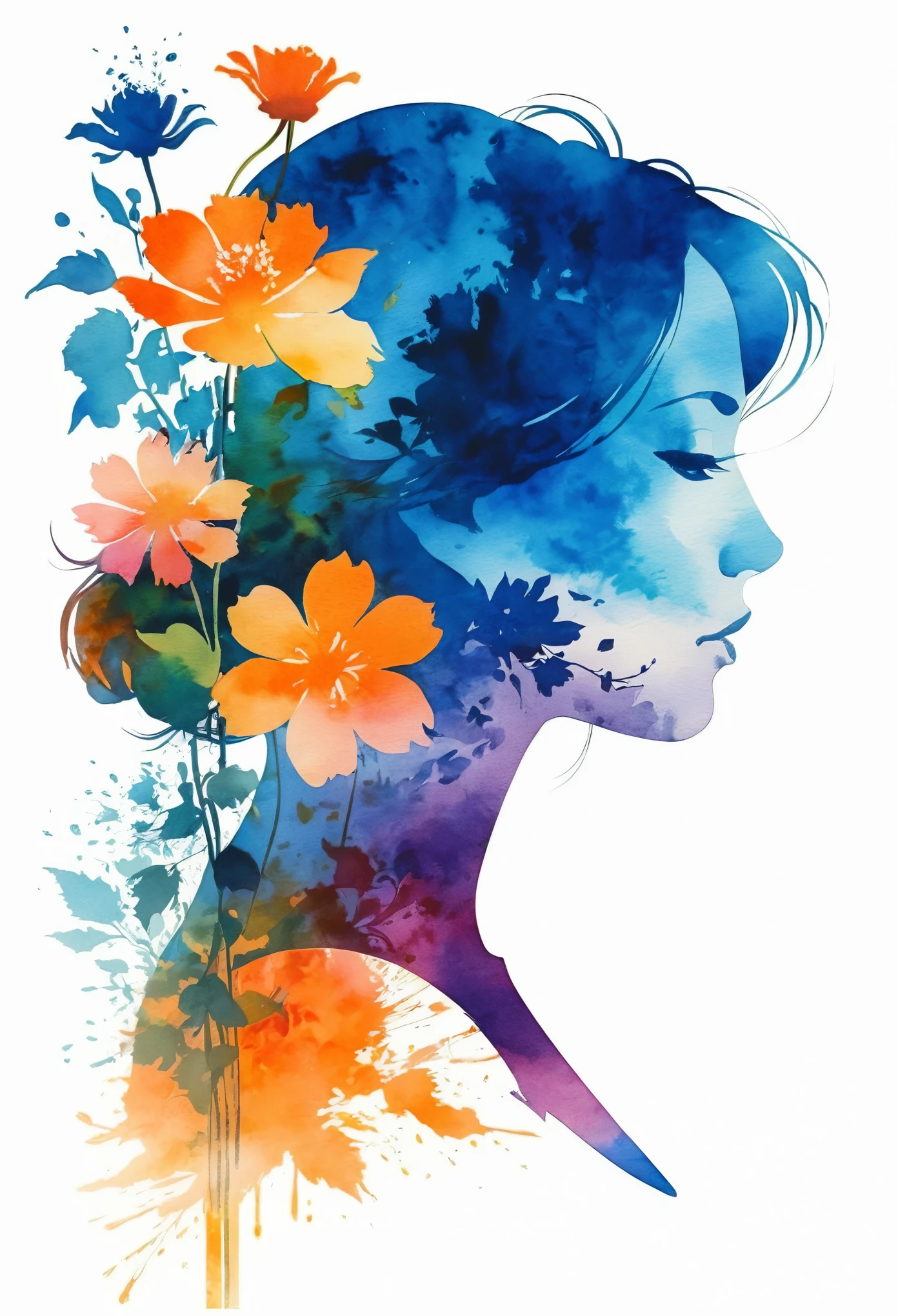 anime style, masterpiece,silhouette of a woman in profile. Inside the silhouette you can see the double exposure with a flower, masterpiece, ((double exposure:1.4)), proportional,Watercolor,wash9urn