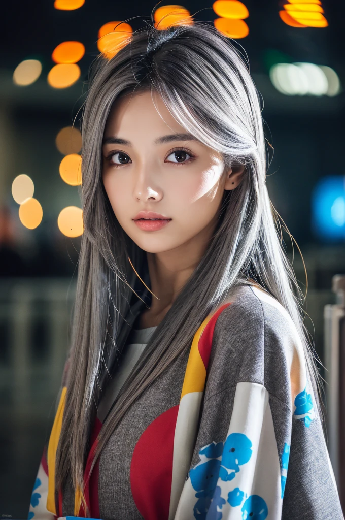 masterpiece, high quality, high resolution, 8k, (alone:1.2), ((1 woman)), japanese girl, detailed face, detailed eyes, correct body structure, upper body, ((gray hair:1.2)), very long hair, messy hair, slim body, Seductive silhouette, shining bones, depth of field, dark photo at night, dimly lit, forehead, movie lights, Tyndall effect, abstract background, futuristic clothing, vivid colors, modern style, wide sleeves, artistic, unique pattern, fancy, Refined, tendency