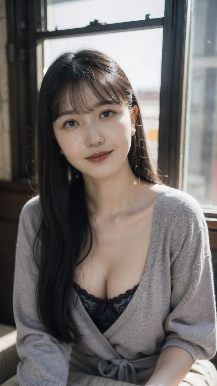 realistic photos of (1 cute Korean star) ped hair, thin makeup, big xy erotic tintringstring lingerie, at the train station, clear facial features of Canon EOS, 16k, high resolution, sharp and realistic details,  overexposure, cut-in, UHD, high res, best quality, 3/4 body, little smile, (sweating), ((long hair))