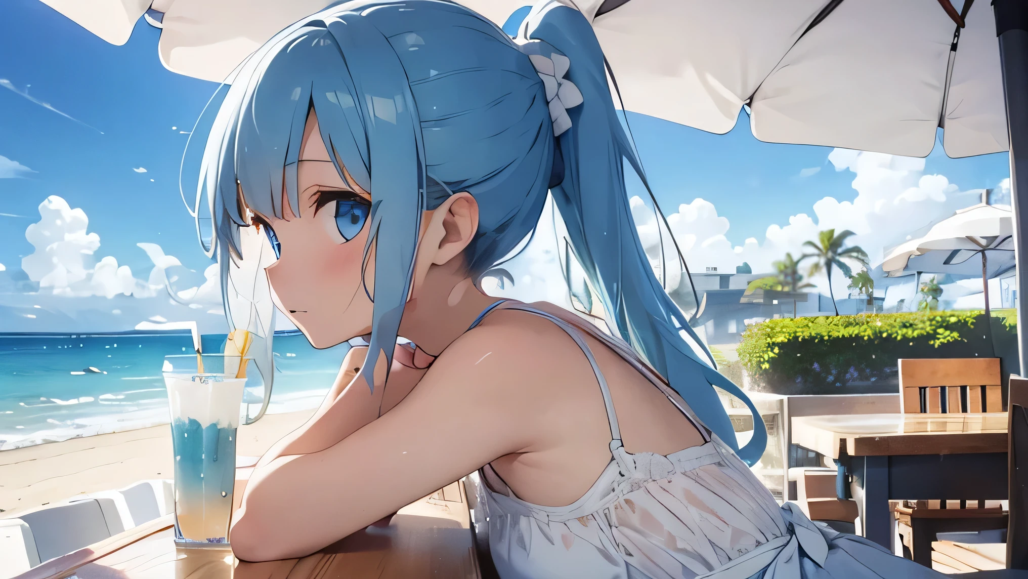 A port where large luxury cruise ships are docked　Beautiful girl looking up at the cruise ship　Light blue long hair　A beautiful girl with twin tails　Bright smile　
