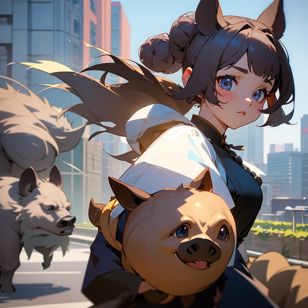 Character Settings：A girl with a boar motif teleported to a downtown area 1. Appearance： - Hairstyle：Two big round buns on top of the head。These are modeled after the realistic shape of a boar&#39;s face.。The surface of the dumpling has a slightly hairy texture.、More boar-like appearance。 - Hair color：The base is dark brown、Contains striking reddish brown highlights。 - clothing：She is wearing Ainu clothing with a boar fur motif.。It has a mottled pattern。The hem and sleeves of the dress are fluffy.、It reminds me of the fur of a boar.。 2. accessories： - necklace：A white pendant resembling a small boar&#39;s tusk。 - Bracelets：A brown leather bracelet with small boar&#39;s hoof charms。 - ヘアaccessories：A boar&#39;s ear-shaped hairpin used to secure the bun。 3. Pose and expression： - Posture：Leaning forward a little、Be wary of your surroundings。 -expression：A look of surprise and alarm。Eyes Wide Open、4. They are threatening others.. Background and Circumstances： - setting：Suddenly teleported to the center of a busy downtown area。 - Reactions from others：Passersby stare at her in amazement.。 - Contrast：A wild girl reminiscent of animals in nature、A scene composed to highlight the contrast of the modern cityscape。 5. The details： - Around the Girl、Small light particles and fog-like effects that indicate the moment you teleport。 - The hem of the dress flutters in the wind、It gives the impression of boar hair standing on end。 - At her feet、There are a few fallen leaves and twigs scattered around, reminiscent of the forests back home.。 24 years old,nsfw,one woman,tattered clothes,on all fours,squatting,muscular,beautiful face,small eyes,sharp eyes,angry,surprised face,scared face,excited,stern expression,glare at,crowd of people,anime style,high quality,illustration,masterpiece,japanese、Distraught、panic、Puzzled、Tattered clothes、Wild 、wild、The hustle and bustle、crowd、Clothes are the place々Defeated、Exposed Skin、The background is detailed、Colorful face paint like Princess Mononoke