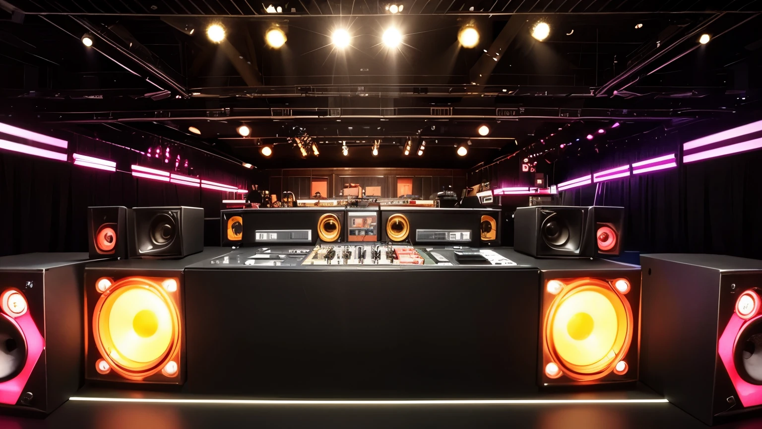 create a stage with 70s style speakers, big boxes, sound equipment, equalizers, dj sound tables, no figures in the environment., stage lights beeping and flashing,