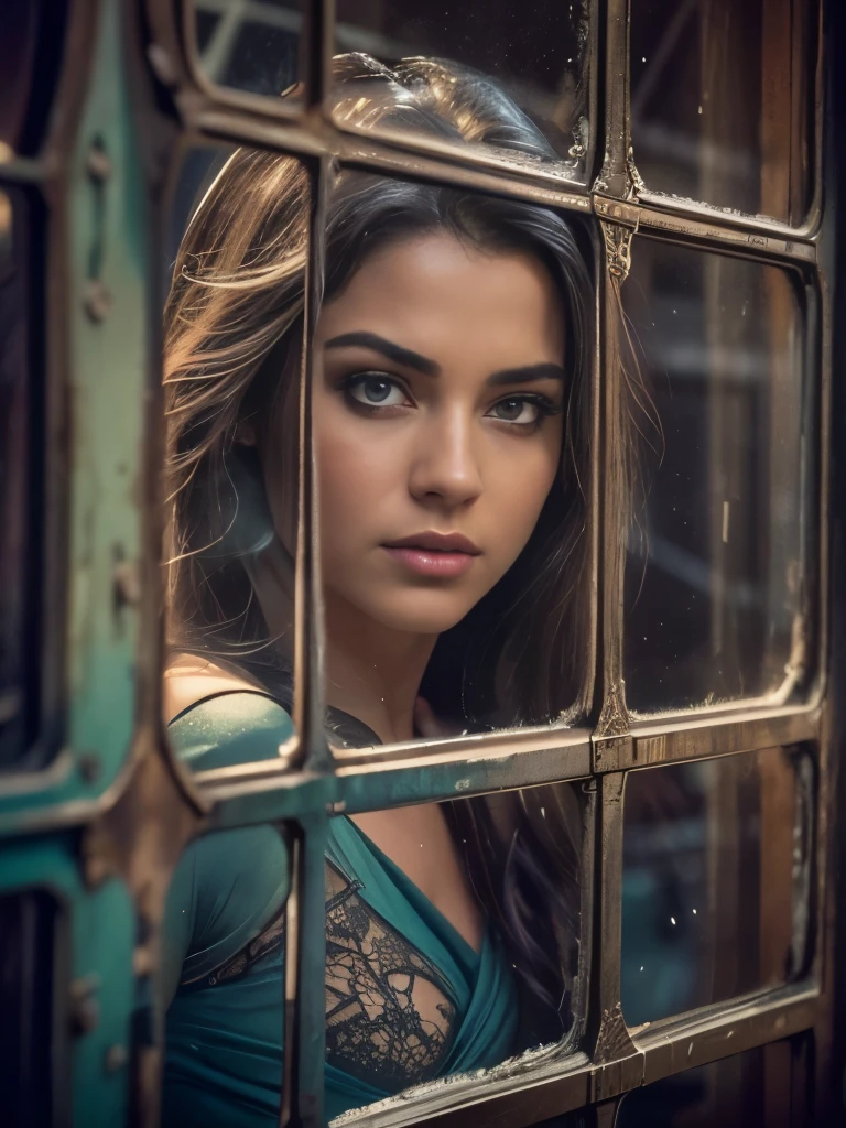 An ultra hot gorgeous European woman.age 23. Looks through a dirty old window. a Busty Vintage by Ed Mell and Russ Mills, (luminar , vivacious , masterful:1.4), poster art, bold lines, hyper detailed, expressive, award winning, (scenery:1.4), (intricate details, masterpiece, best quality:1.4),
ring light , looking at viewer, dynamic pose, wide angle view,
atmospheric haze, Film grain, cinematic film still, highly detailed, high budget, cinemascope, moody, epic, OverallDetail, gorgeous, 2000s vintage RAW photo, photorealistic, candid camera, color graded cinematic, eye catchlights, atmospheric lighting, skin pores, imperfections, natural, shallow dof,