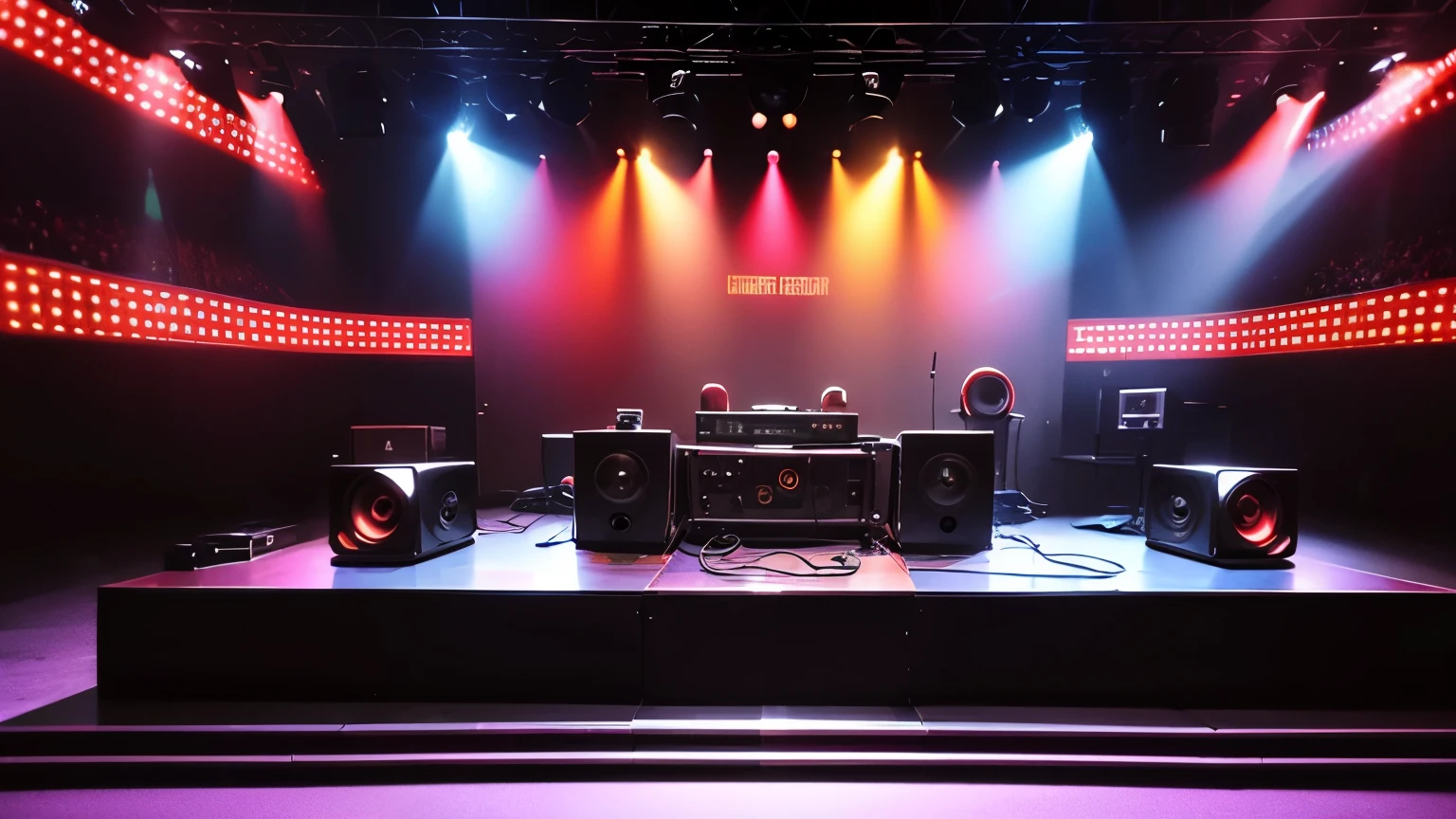 create a stage with 70s style speakers, big boxes, sound equipment, equalizers, dj sound tables, no figures in the environment., stage lights beeping and flashing,