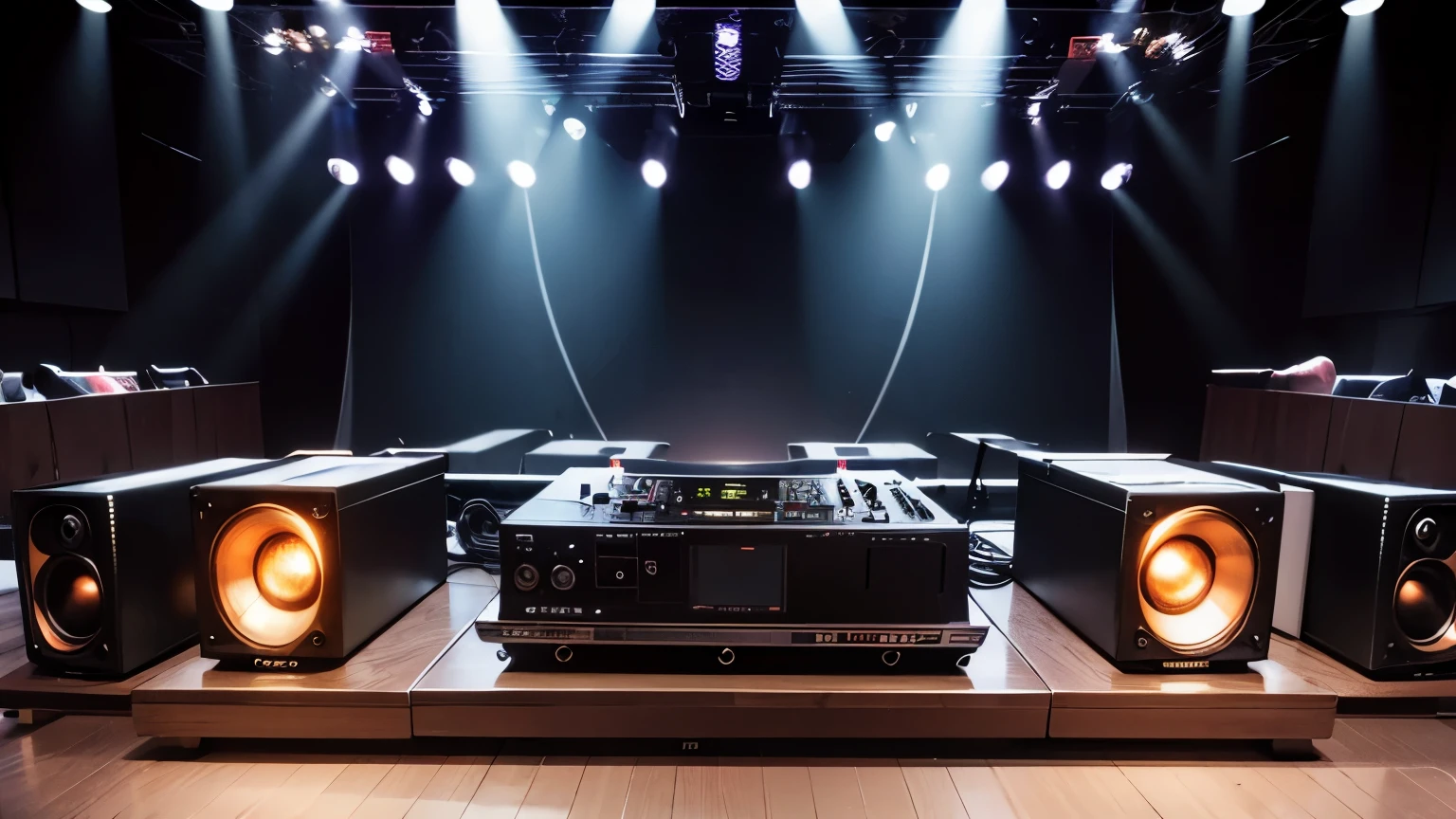 create a stage with 70s style speakers, big boxes, sound equipment, equalizers, dj sound tables, no figures in the environment., stage lights beeping and flashing,