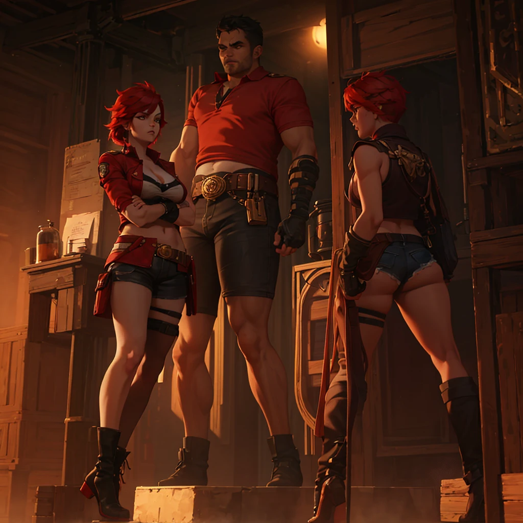 Big woman character with tanned skin, strong body exercised, large bust and thighs, very short tousled black and red hair, orange eyes with red, wearing a dark jean jacket, a red shirt with gold touches, some black shorts with ripped midsections, somewhat wide coffee boots, black fingerless gloves, crossed arms,