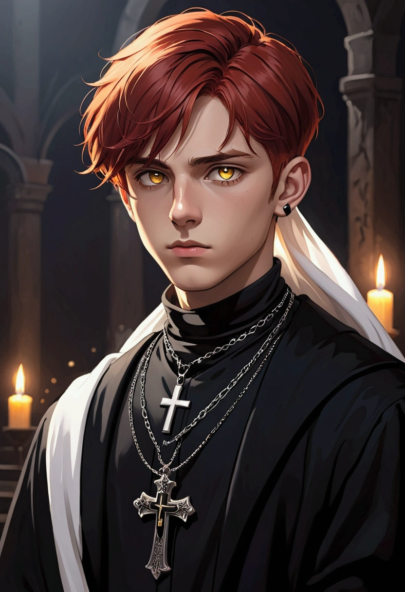 ((Artwork, 8K, Low light)) 1 boy, 19 years old, red hair color, dark Yellow eyes iris color, wearing a black priest outfit, with white scarf, silver cross necklace, serious look, wearing headphones.
