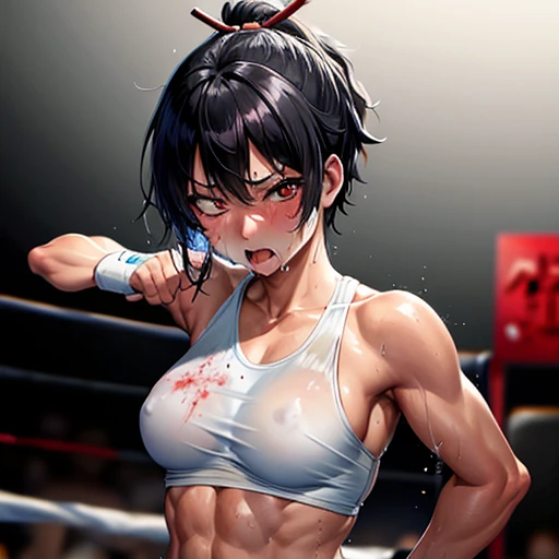 a bloody beautiful young Japanese female fighter is poised in a fighting pose.in the fighting ring. she is damaged terribry. Short-cut black hair, out of breath, an eye is closed, drooling from mouth, exhausted, drenched in sweat. Muscularity. Six-pack abs. Erect nipples.