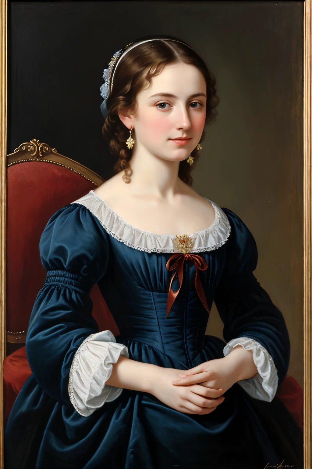 ((Best Quality)), ((masterpiece)), (detailed) (oil painting) 1 woman, 45 years, Dark brown hair, Italian clothing from the 1700s, of short stature, blue eyes, Porcelain skin.