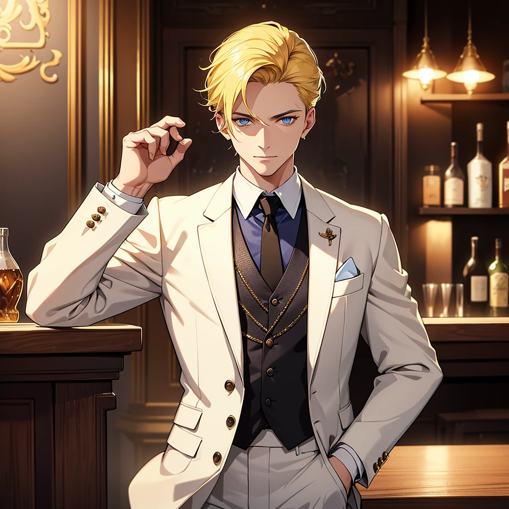 Masterpiece realistic, best high quality, perfect details, intricate details,detailed background,absurdres,highres,A man wearing a white suit,Black and yellow mesh hair,Blue eyes,With hands in pockets,He is at a stylish bar.