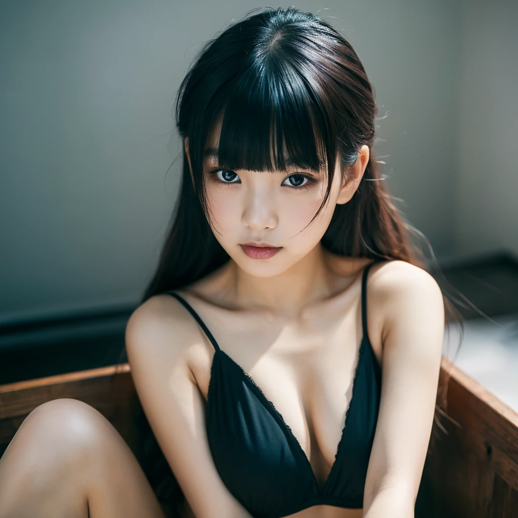 A sensual and very young gothic Asian beautiful woman in a black bikini with a seductive little face and a perfect body.