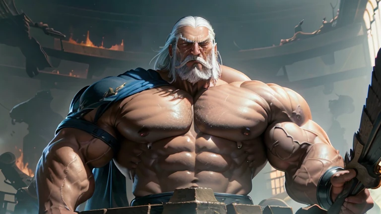 A giant muscular old man, manly, huge ass, growing more and more, torn garments, peito huge ass, brave face, bravo, angry, imposing presence, incredible strength, intense stare, muscular arms, thick, muscular legs, Robust appearance, immense power, dominant, Unstoppable strength, overwhelming aura, monumental strength, corpo huge ass, muscle definition, crushing musculature, colossal strength, Epic Proportions, invincible titan, looking up, head tilited upward, Intimidating Enforcer, manly, sexly, manly, indoors, close up, 
 black skin, dark olive skin color, blue eyes, nose with pronounced bridge and outward curve that protrudes from the base of the nose, oiled skin, absurdly huge nose, hawk nose, big old man nose, concave nose, well groomed moustache, (80 years old daddy), enormous nose, eagle like nose, veins, sharp well groomed beard
