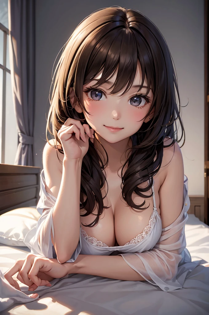Best Quality,High resolution,8k,finelity detailed background,Masterpiece:1.2),beautiful girl,Shiny brown hair,messy hair,Beautiful brown eyes,Gentle look,A refreshing look,smile,Best quality,Best Quality,Aesthetic and aesthetic:1.2,Best details((Super detailed))(High-definition CG illustrations),black nightgown,Slender body,night,moon,Bedroom,On the bed,smile,blush,cute,Scrounge,Looking up,Being spoiled,super model,wariza,shoot from,below