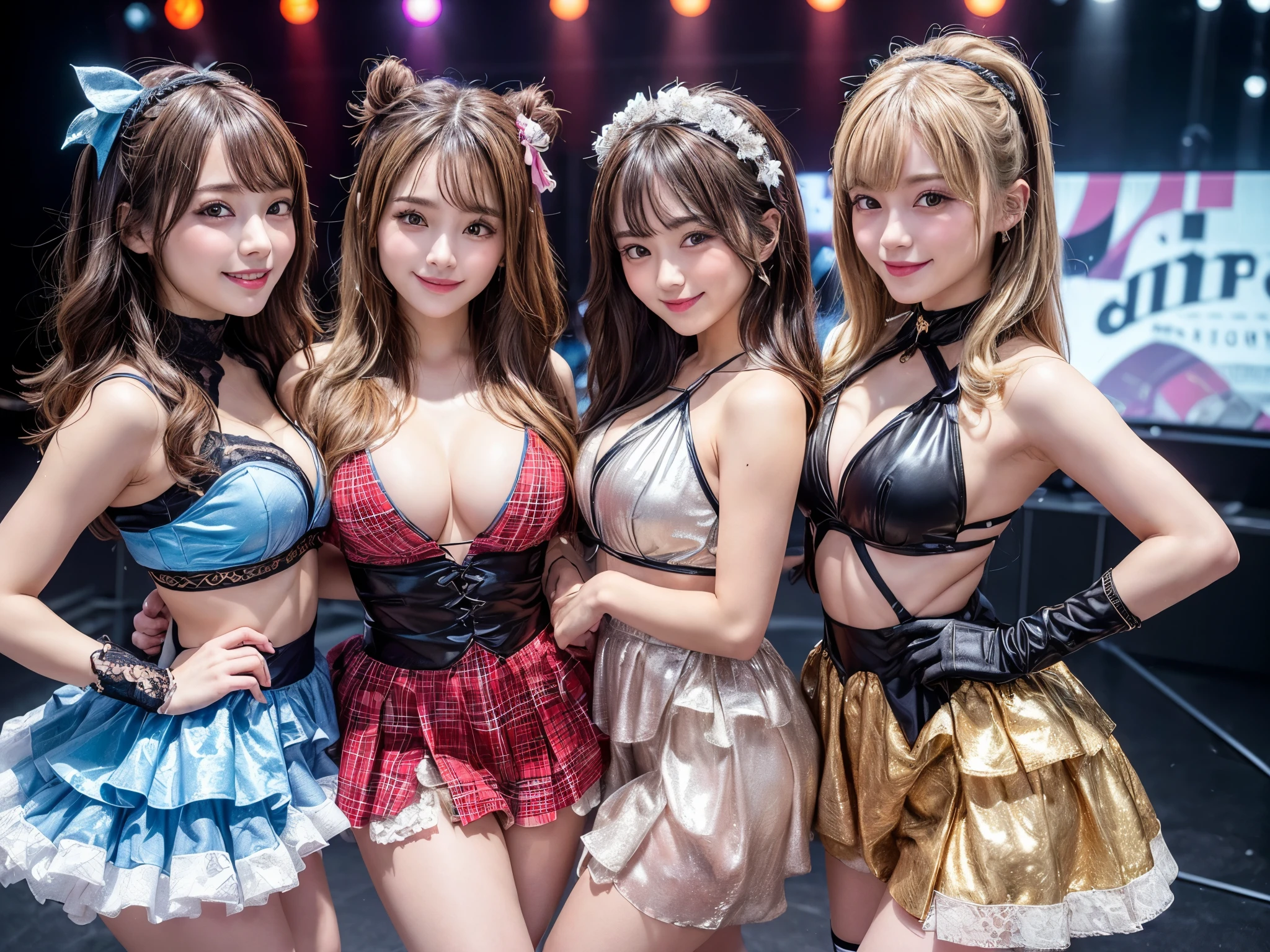 Pay attention to navigation, ((masterpiece)), ((highest quality)), (highly detailedな), ((Cute)), Cute, (Multipoint), ((Sexy)), (device), ((very detailed)), 4k, (8k), highest quality, (Beautiful), hyper Cute face, shape, Animated style,hyper Authenticistic, Authentic, Dynamic angle, ((full body)) , close up, thick outline, light outlines, on stage, (three girls, 3 Mignon girls:1.5), (Idol costumes:1.5), Beautiful light brown hair, Beautiful brown eyes, ((Beau eyes)), Short hair, Big breasts, smile


