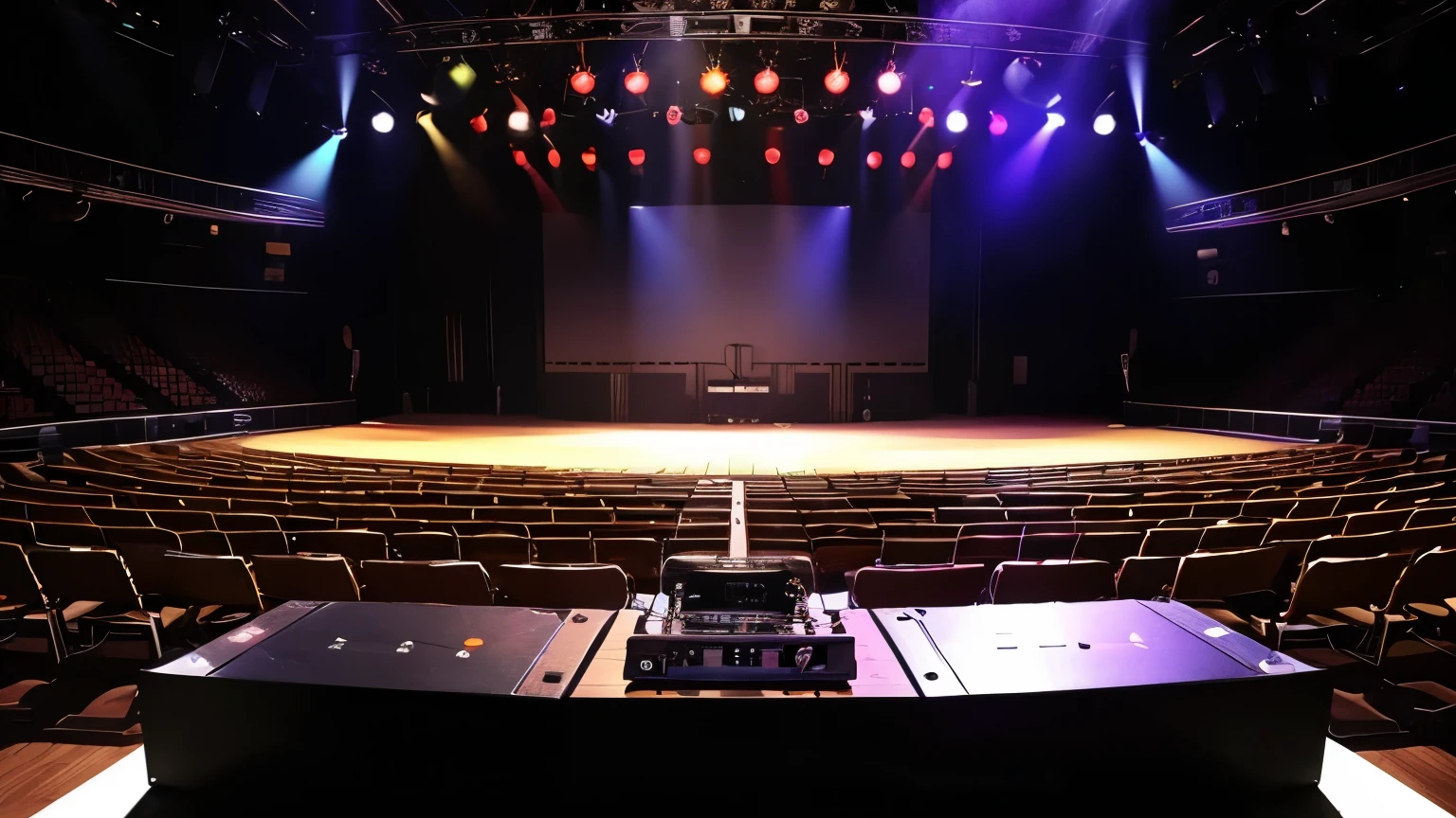create a stage with 70s style speakers, big boxes, sound equipment, equalizers, dj sound tables, no figures in the environment., stage lights beeping and flashing,