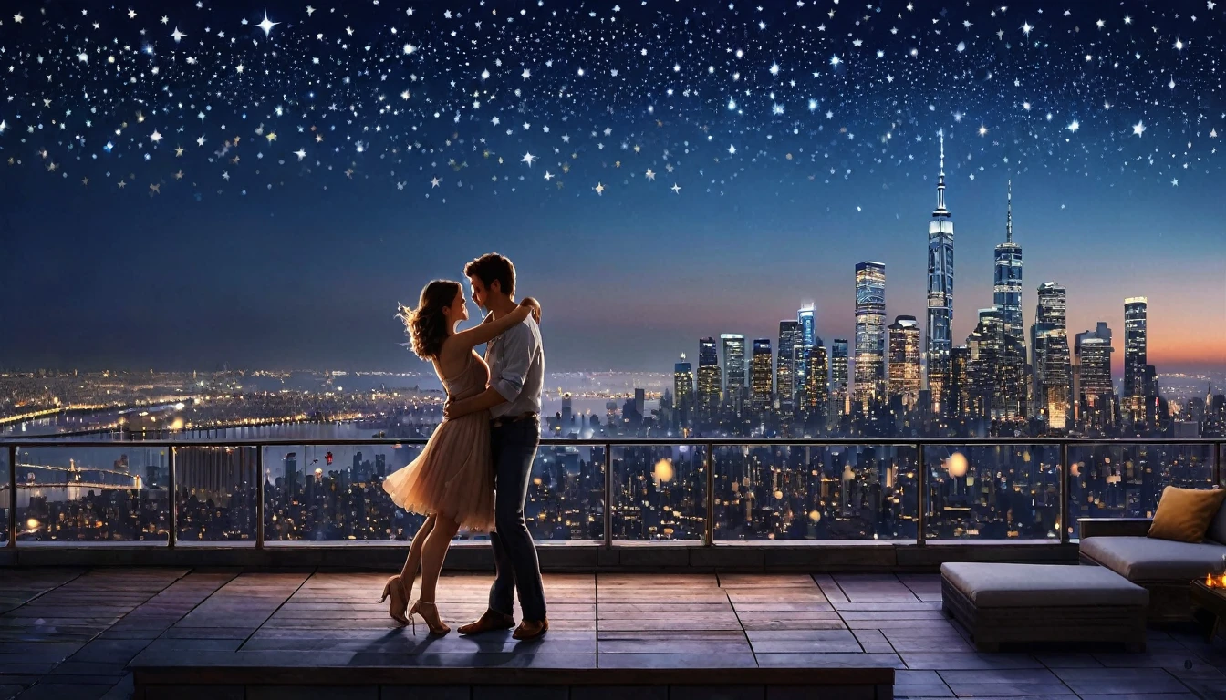 "Picture a starlit rooftop overlooking a city's skyline, where a couple dances slowly to their favorite song. The city lights below twinkle like stars, and the atmosphere is filled with a sense of intimacy and wonder, as if the world has paused just for them."