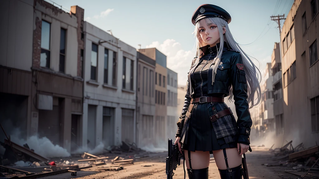 A young woman in a Anime, with long, silver hair, is standing in a ruined building. She is wearing a black beret, a purple and black jacket, a plaid skirt, and black thigh-high stockings. She is holding a rifle in her hands, and her expression is serious and determined. The background is a mix of blue and red, creating a sense of danger and mystery. The overall mood of the image is one of intensity and action, capturing a moment of preparedness and readines
