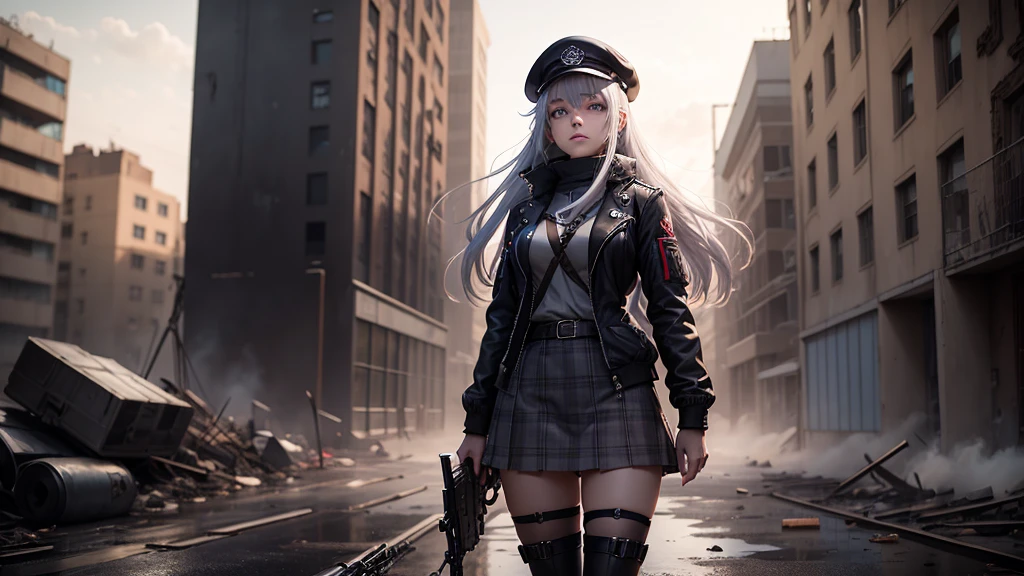 A young woman in a Anime, with long, silver hair, is standing in a ruined building. She is wearing a black beret, a purple and black jacket, a plaid skirt, and black thigh-high stockings. She is holding a rifle in her hands, and her expression is serious and determined. The background is a mix of blue and red, creating a sense of danger and mystery. The overall mood of the image is one of intensity and action, capturing a moment of preparedness and readines