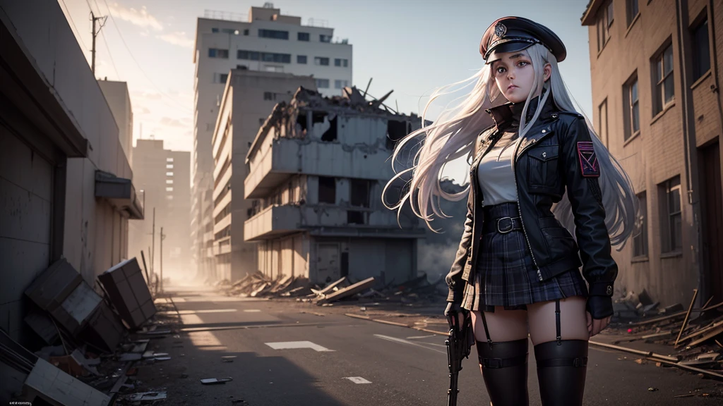 A young woman in a Anime, with long, silver hair, is standing in a ruined building. She is wearing a black beret, a purple and black jacket, a plaid skirt, and black thigh-high stockings. She is holding a rifle in her hands, and her expression is serious and determined. The background is a mix of blue and red, creating a sense of danger and mystery. The overall mood of the image is one of intensity and action, capturing a moment of preparedness and readines