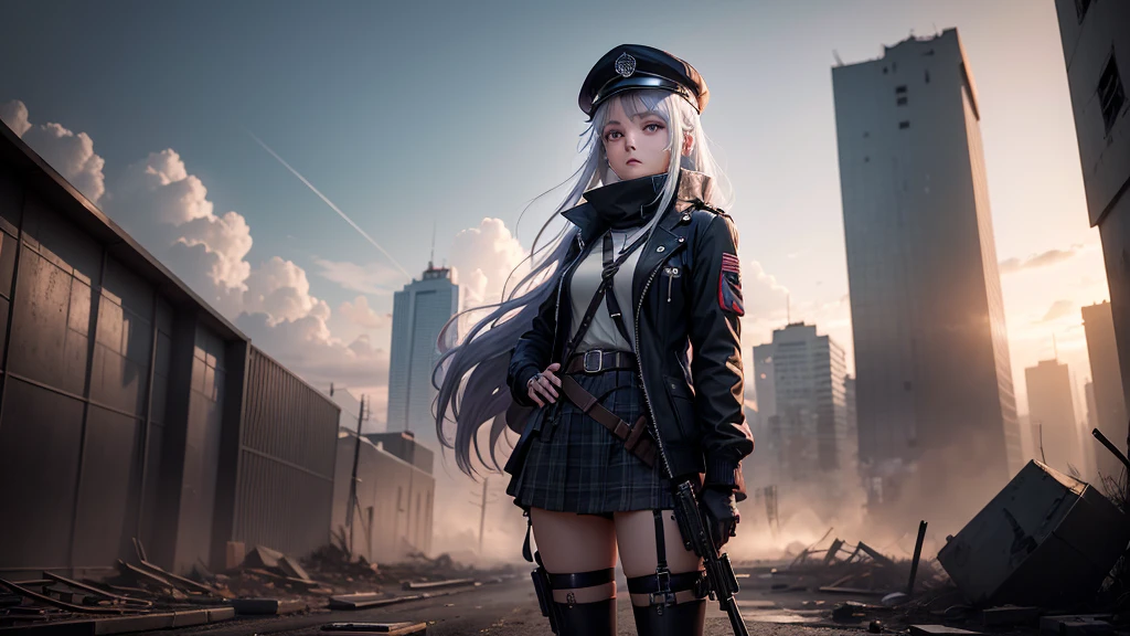 A young woman in a Anime, with long, silver hair, is standing in a ruined building. She is wearing a black beret, a purple and black jacket, a plaid skirt, and black thigh-high stockings. She is holding a rifle in her hands, and her expression is serious and determined. The background is a mix of blue and red, creating a sense of danger and mystery. The overall mood of the image is one of intensity and action, capturing a moment of preparedness and readines
