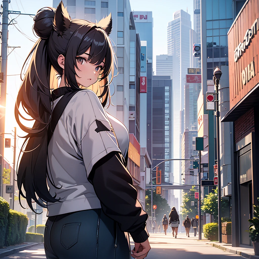 Character Settings:A girl with a boar motif teleported to a downtown area 1. Appearance: - Hairstyle:Two big round buns on top of the head。These are modeled after the realistic shape of a boar's face.。The surface of the dumpling has a slightly hairy texture.、More boar-like appearance。 - Hair color:The base is dark brown、Contains striking reddish brown highlights。 - clothing:She is wearing Ainu clothing with a boar fur motif.。It has a mottled pattern。The hem and sleeves of the dress are fluffy.、It reminds me of the fur of a boar.。 2. accessories: - necklace:A white pendant resembling a small boar's tusk。 - Bracelets:A brown leather bracelet with small boar's hoof charms。 - ヘアaccessories:A boar's ear-shaped hairpin used to secure the bun。 3. Pose and expression: - Posture:Leaning forward a little、Be wary of your surroundings。 -expression:A look of surprise and alarm。Eyes Wide Open、4. They are threatening others.. Background and Circumstances: - setting:Suddenly teleported to the center of a busy downtown area。 - Reactions from others:Passersby stare at her in amazement.。 - Contrast:A wild girl reminiscent of animals in nature、A scene composed to highlight the contrast of the modern cityscape。 5. The details: - Around the Girl、Small light particles and fog-like effects that indicate the moment you teleport。 - The hem of the dress flutters in the wind、It gives the impression of boar hair standing on end。 - At her feet、There are a few fallen leaves and twigs scattered around, reminiscent of the forests back home.。 24 years old,nsfw,one woman,tattered clothes,on all fours,squatting,muscular,beautiful face,small eyes,sharp eyes,angry,surprised face,scared face,excited,stern expression,glare at,crowd of people,anime style,high quality,illustration,masterpiece,japanese、Distraught、panic、Puzzled、Tattered clothes、Wild 、wild、The hustle and bustle、crowd、Clothes are the place々Defeated、Exposed Skin、The background is detailed、Colorful face paint like Princess Mononoke