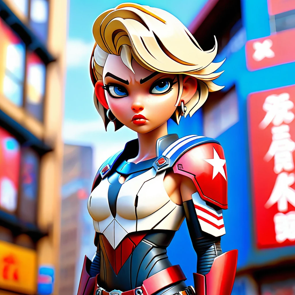 CG K Ultrarealistic ,((premium、8k、32K、masterpiece、NffSW:1.3)), (superfine illustration)、(super high resolution), (((adult body))), (((1 girl in))), ((( short hair bob ))), 25 year old cyberpunk gladiator with perfect body, Shoulder pads with metal spikes., Gladiadores in Brooklyn, (( short hair bob )), Torn rugby team t-shirt, Almost naked in the wild urban style of Simon Bisley, short blonde hair, minimal clothing, Metallic protection on the left arm with complex graphics....., Dark red with white stars and blue and white stripes., armor, Full of spikes and rivets., poison tattoo (((Image from the knee up))), short white blonde hair, In the background、 There is a wall with an intricate design painted by Shepard Fairey.....