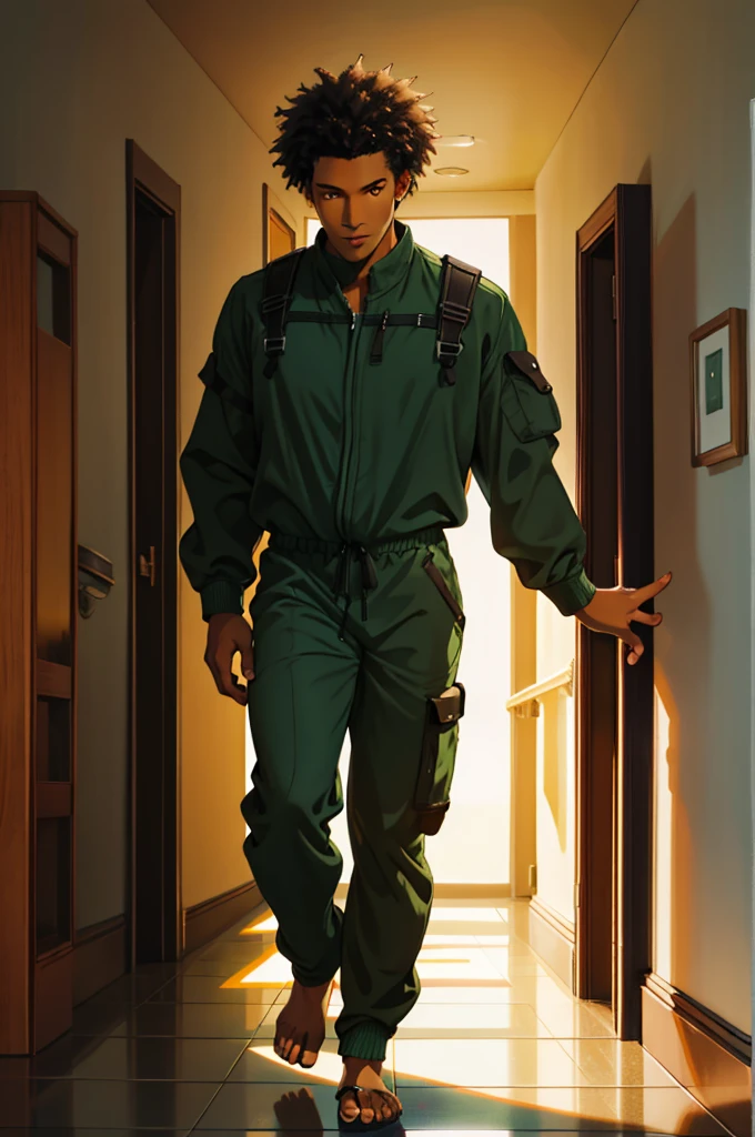 1 man solo, afro black hair, brown eyes, dark skin, green jumpsuit, upper pov, in a hallway, Reflection Light, God Rays, Ray Tracing, 