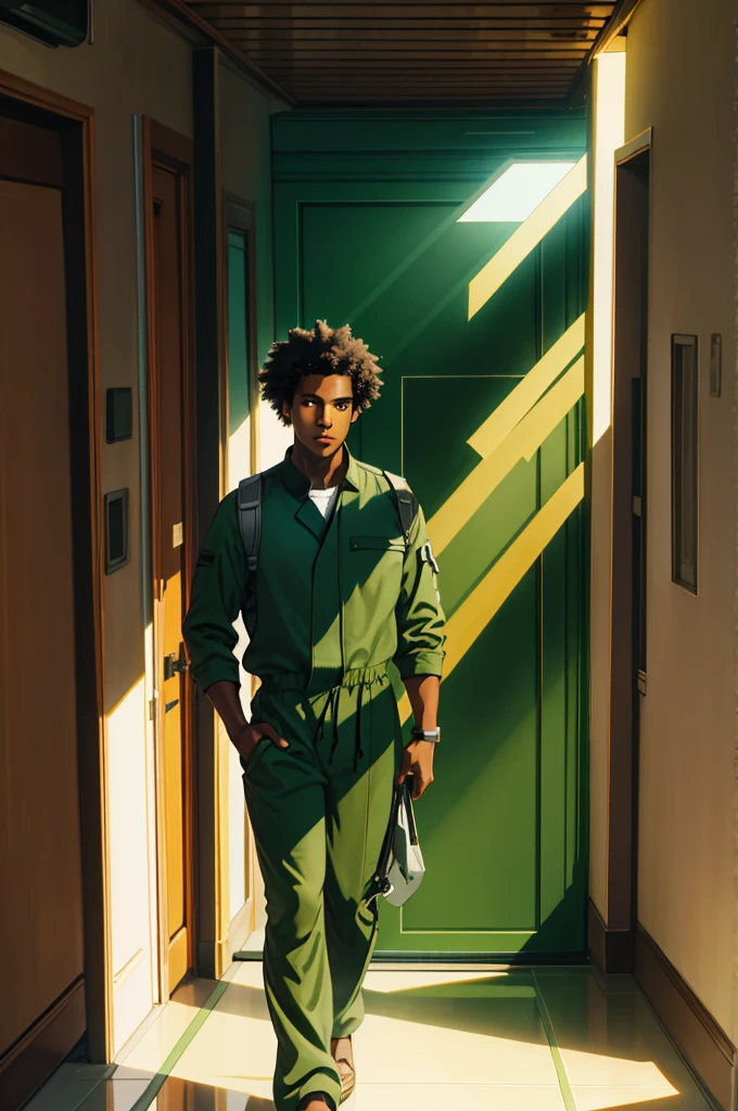 1 man solo, afro black hair, brown eyes, dark skin, green jumpsuit, upper pov, in a hallway, Reflection Light, God Rays, Ray Tracing,