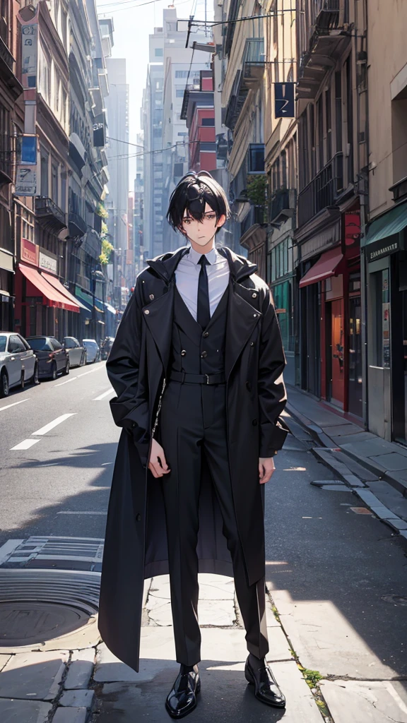 20 year old man, 1.76 m high, delgado, gray gabrdine dress looking up, black hair,