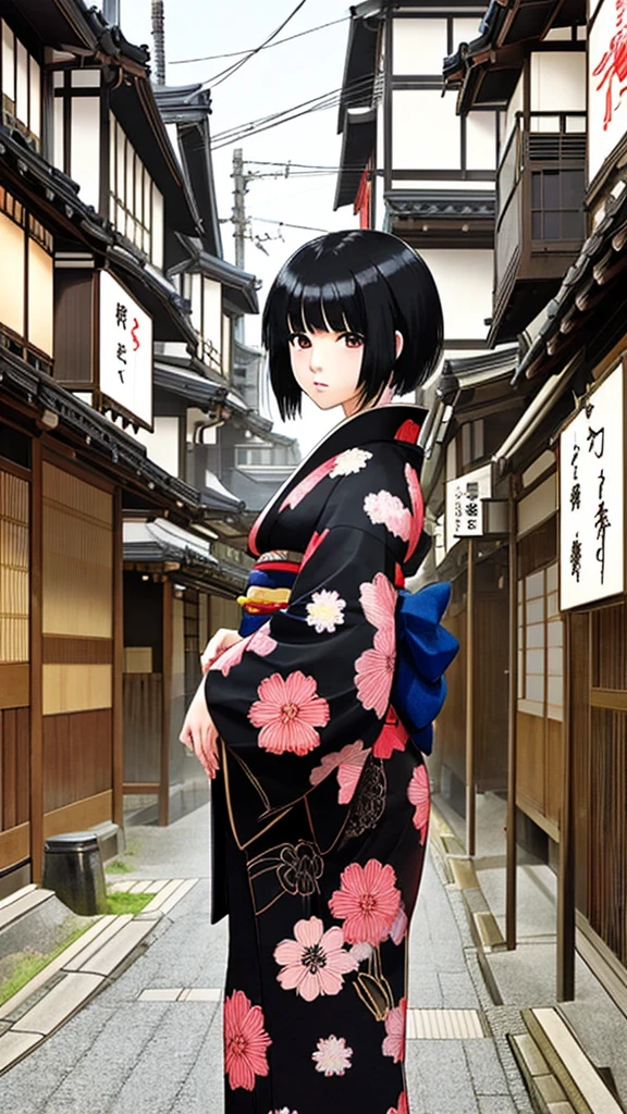 Black Hair Girl Kimono The surrounding area is a streetscape from the Edo period.