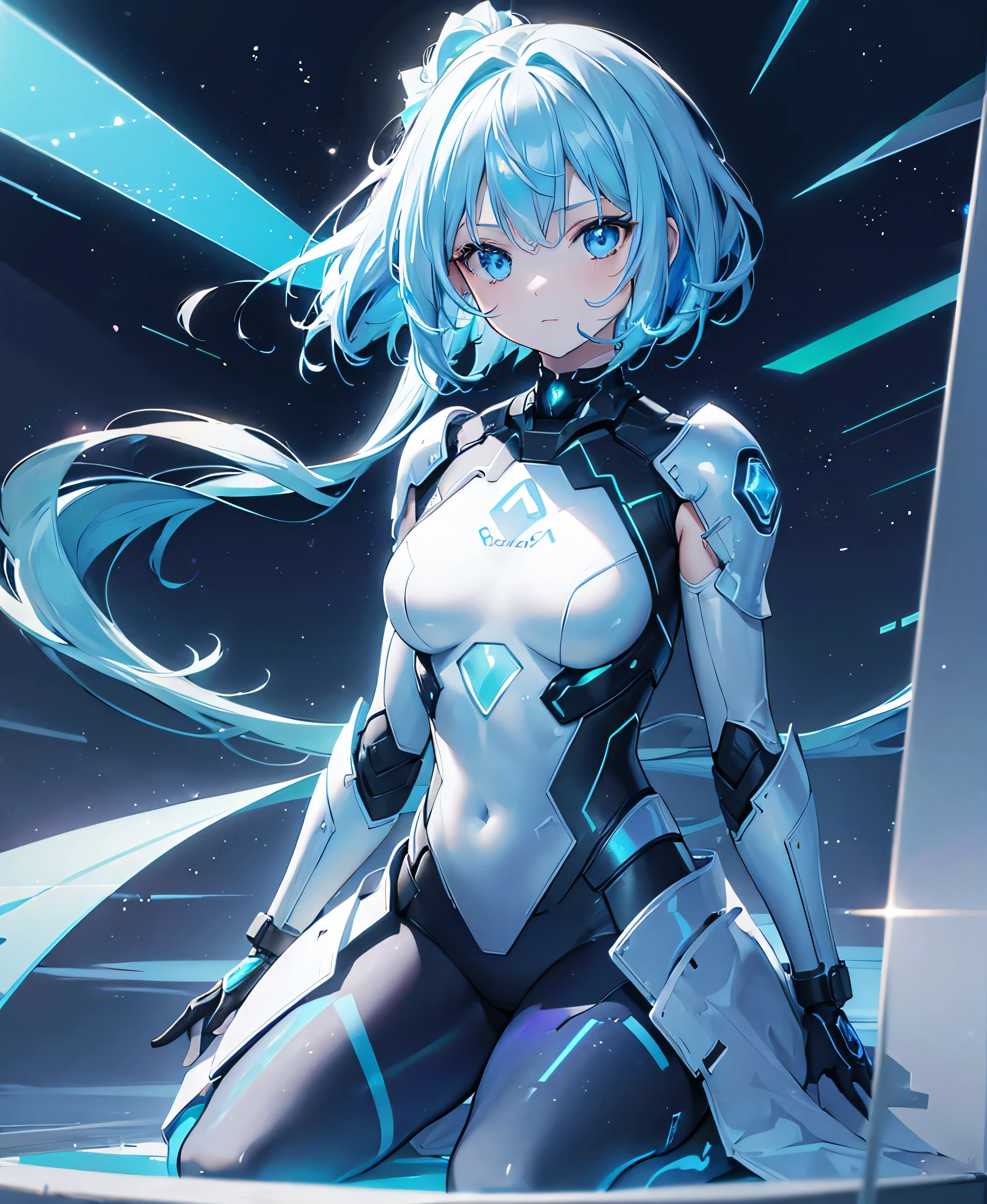 ((Holographic glow effect)),8k, Highest quality, (real:1.4), Original photo, 1 girl, Asari Hair, Biological Amplifier, refined armor, posture: Peace talks between warring factions, smart blue eyes,whole body