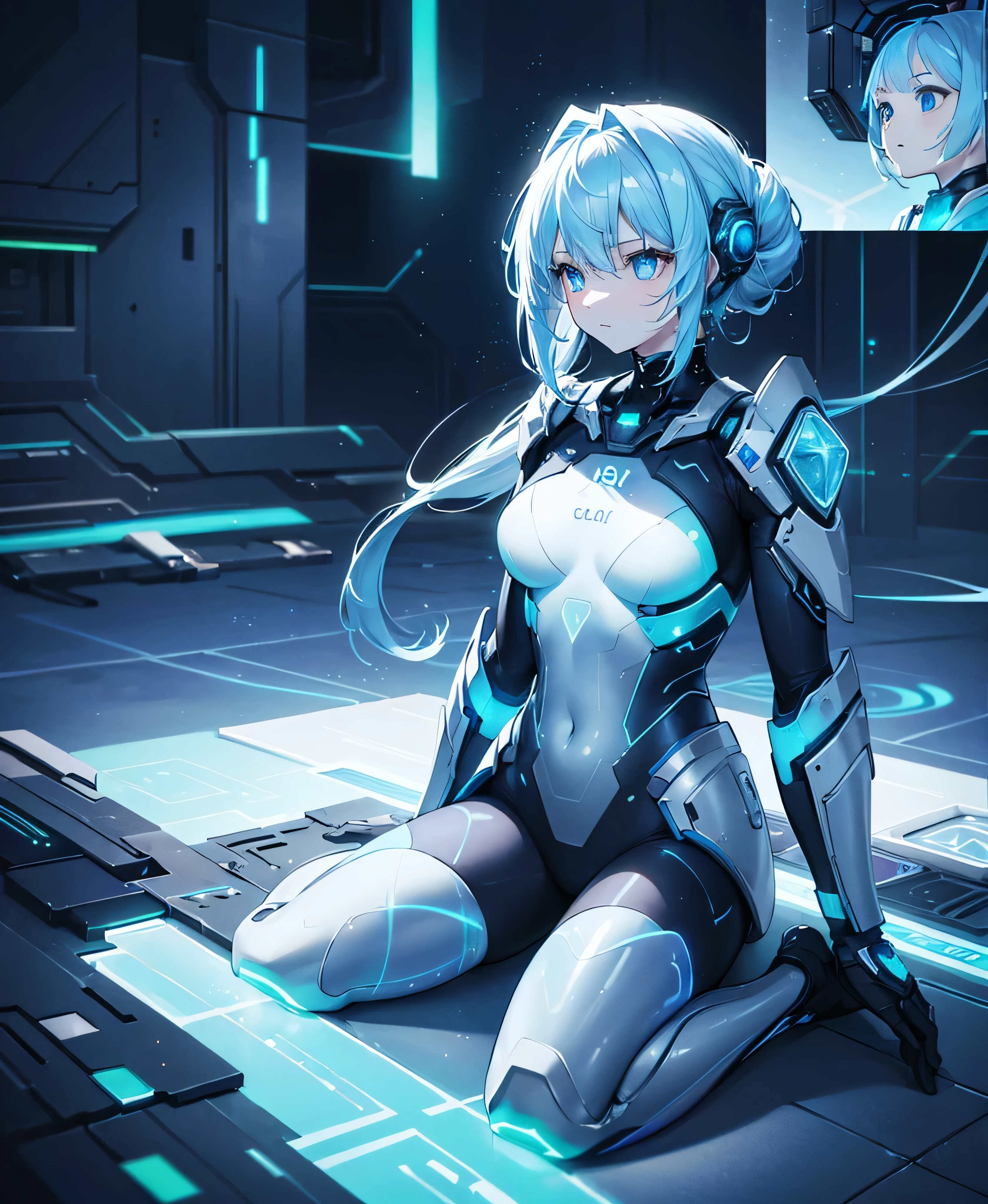 ((Holographic glow effect)),8k, Highest quality, (real:1.4), Original photo, 1 girl, Asari Hair, Biological Amplifier, refined armor, posture: Peace talks between warring factions, smart blue eyes,whole body