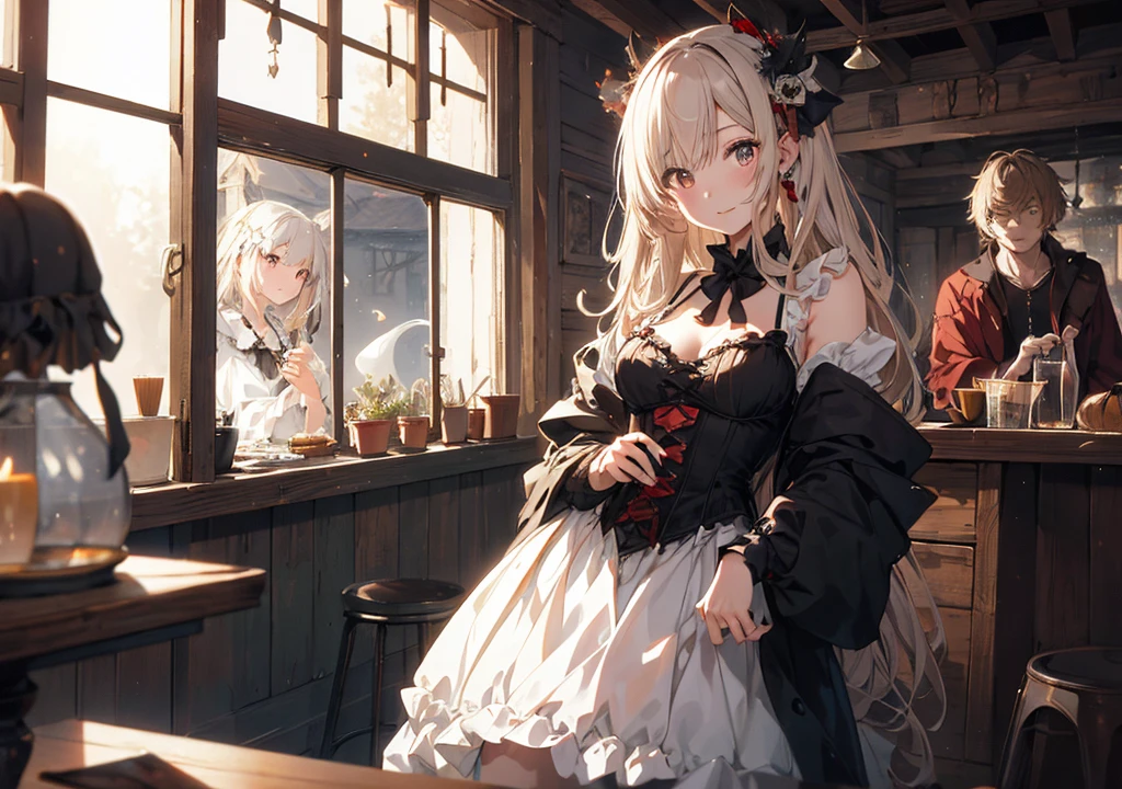 Realistic photos, Focus distance 10mm, Red and white, Beautiful girl, Realistic photos, Focus distance 10mmで撮影, masterpiece, 最high quality, high quality, Very detailed CG 8k wallpaper unit, Award-winning photography, Depth of written boundary, High resolution, bloom, chromatic aberration, Realistic, Very detailed, Art Station Trends, CGsociety Trends, Complex, High detail, dramatic, Art on the go, volumetric lighting, A beautiful girl is having fun listening to old stories with her friends in an old tavern in a ghost town, spooky, Halloween, horor, dark