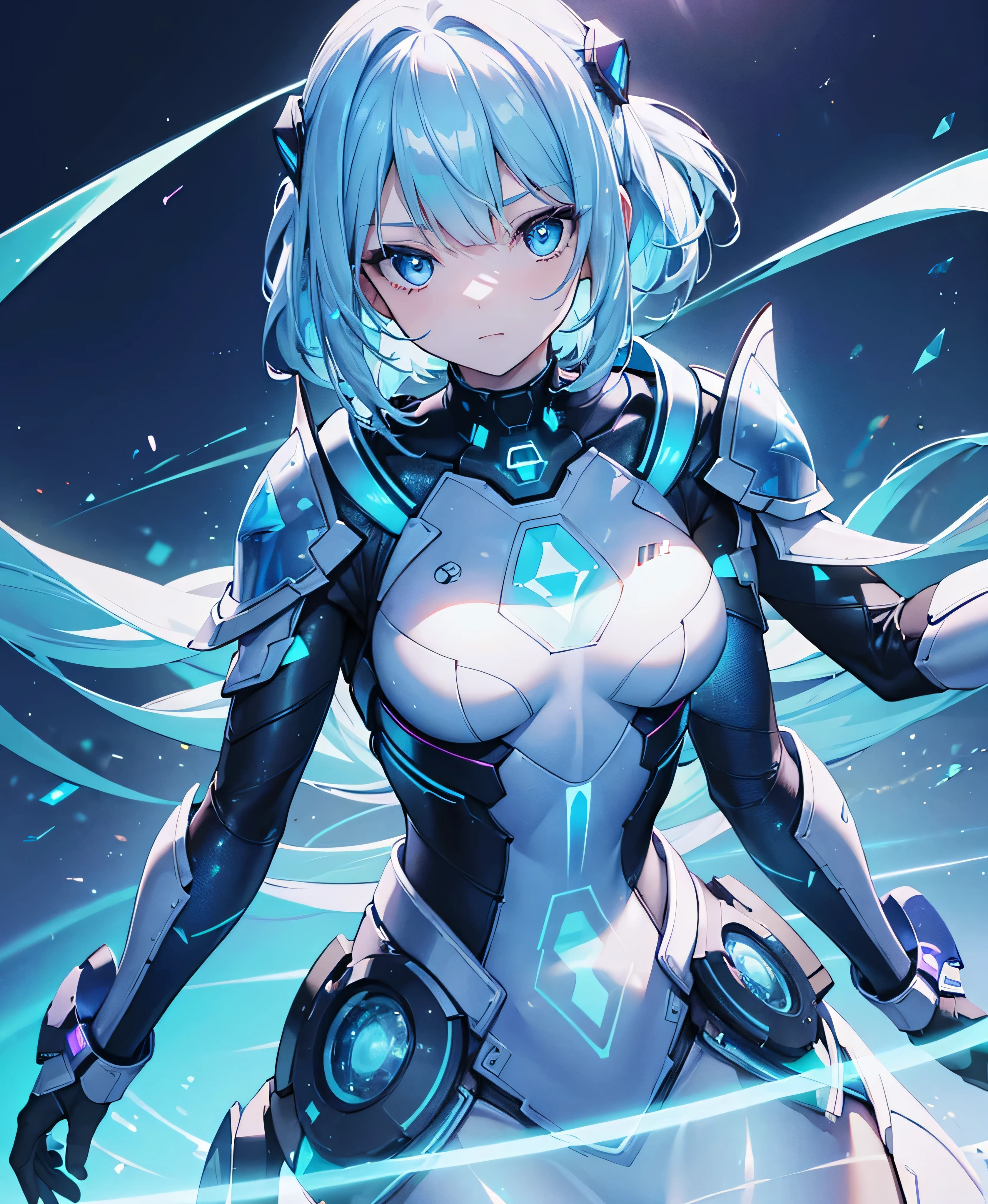 ((Holographic glow effect)),8k, Highest quality, (real:1.4), Original photo, 1 girl, Asari Hair, Biological Amplifier, refined armor, posture: Peace talks between warring factions, smart blue eyes,whole body