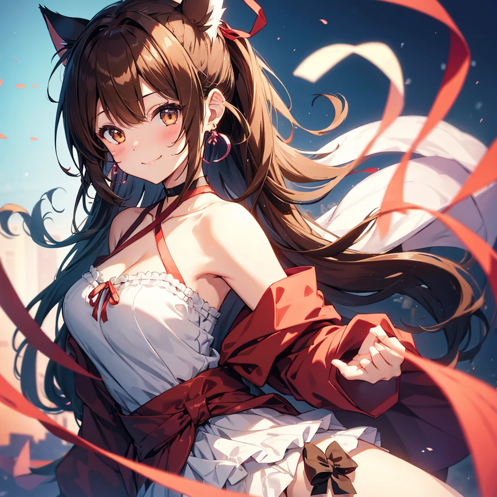 One girl, Brown Hair, ponytail, Large Breasts, smile, ribbon hair accessories, Anime Style, Cat ear, Blushing, Genki Earrings, Droopy eyes,