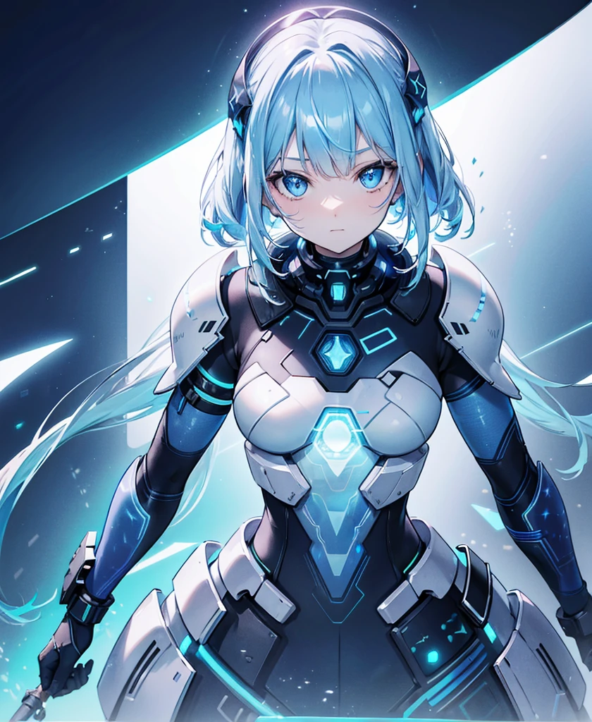 ((Holographic glow effect)),8k, Highest quality, (real:1.4), Original photo, 1 girl, Asari Hair, Biological Amplifier, refined armor, posture: Peace talks between warring factions, smart blue eyes,whole body
