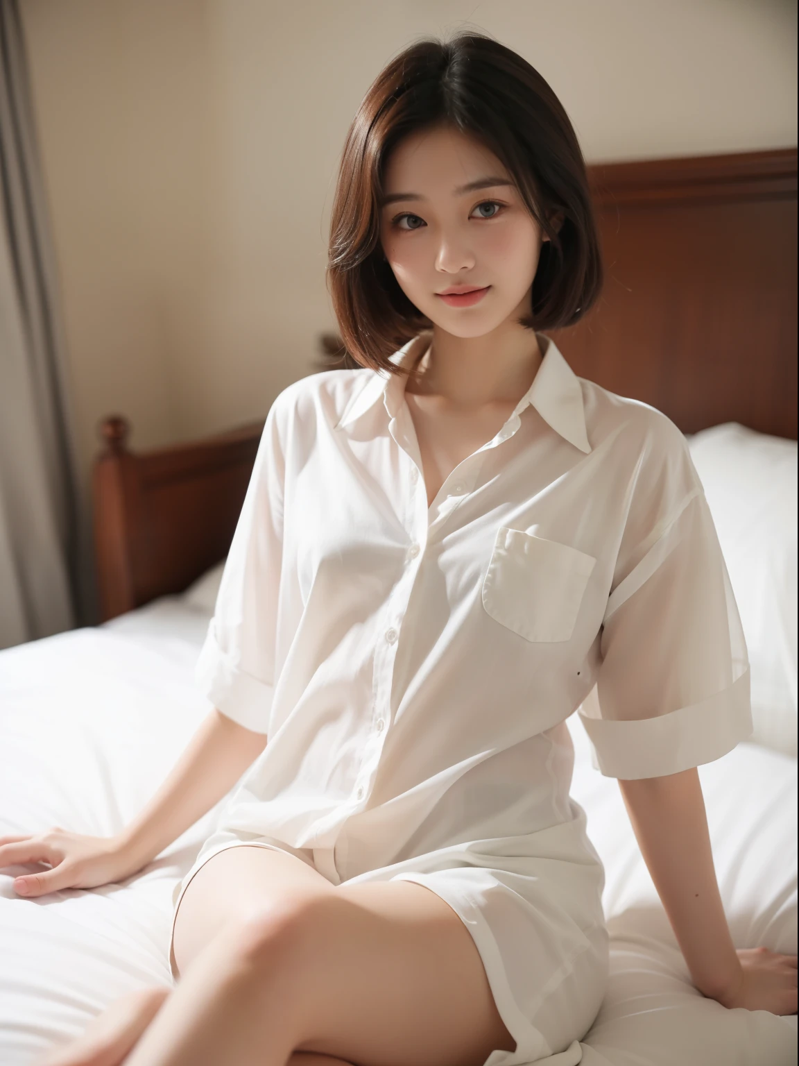 Innocent -yeld gi(Wearing pajamas)、Sitting in the room、A Smile、Raw foto, (8K、Top  Quality、​masterpiece:1.2)、(delicate detail:1.4)、(Photorealcitic:1.4)、octan render、Complex 3D rendering, Ultra-detail, Studio Soft Light (Studio Soft Light), Rim Light, vibrant details, Super detailing, Realistic Skin Textures, Detail Face, Beautiful detail eyes, Highly detailed CG Unity 16k wallpapers, Makeup-, (detailed background:1.2), shinny skin、turned around、exposed thighs!!!、