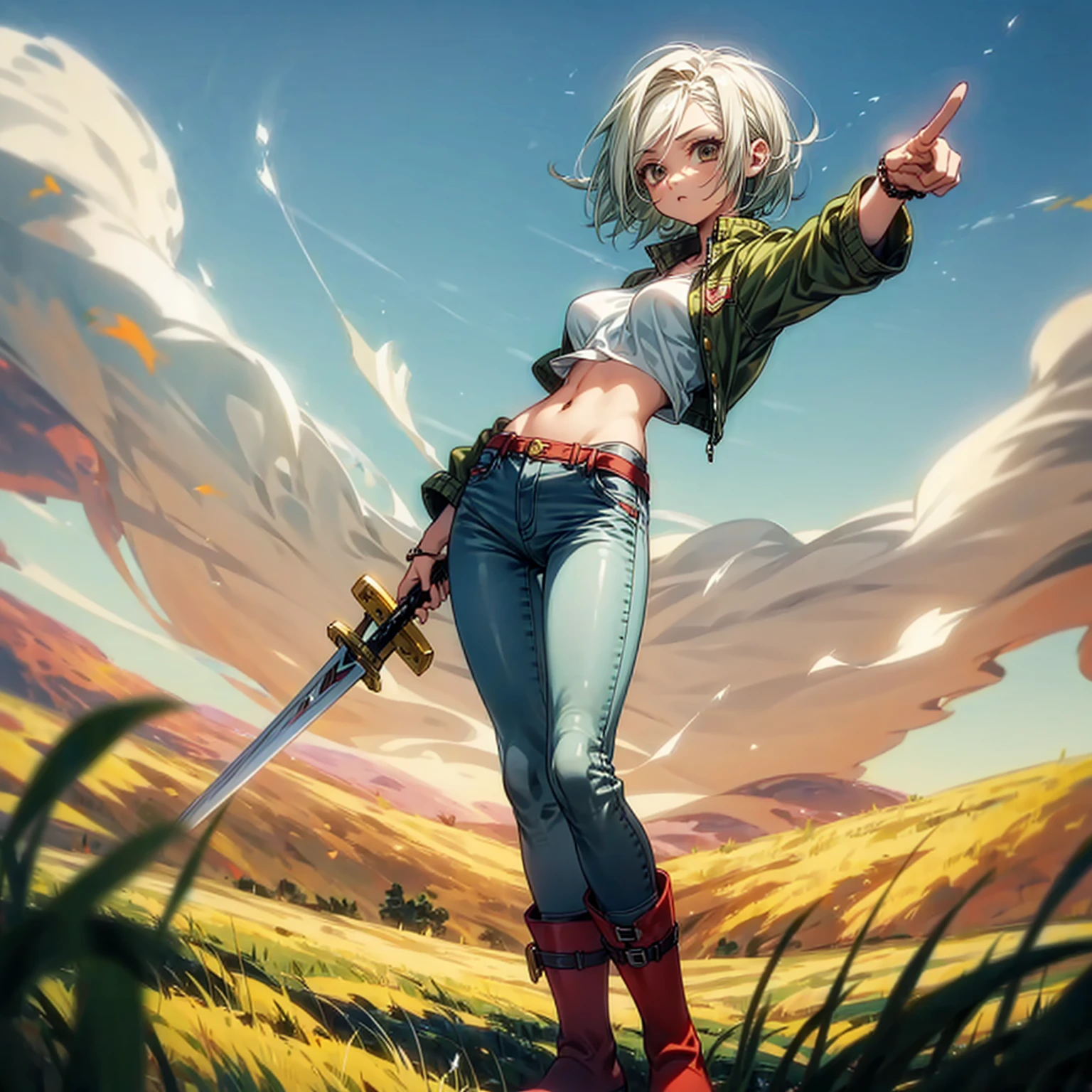 Solo character, full body version, girl, white half green color hair, black eyes, short hairstyle, Jacket crop top, long jeans, bracelet, red boots, sky blue, field, standing battle gesture, sword in hand, Big breasts 