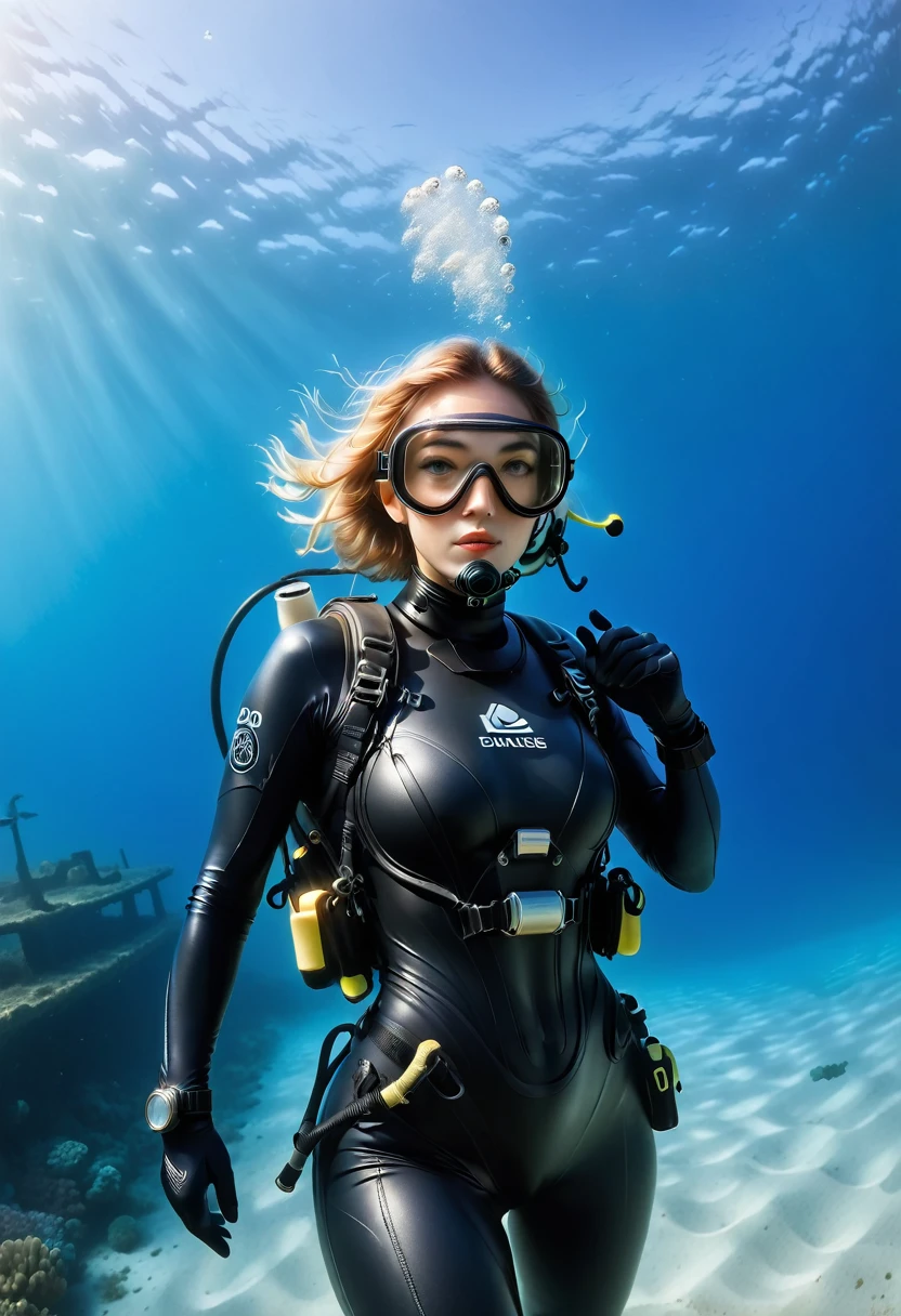 ((full body shot))During the diving course，There is a lady wearing a diving suit and goggles,Wear a diving helmet, Instagram, A diver on the seabed, A diver on the seabed, old scuba, GoPro shooting, Abandoned diving mask, Underwater perspective, 3 6 0 capture, amanda clarke, Underwater shooting,