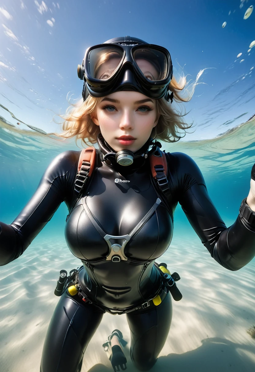 ((full body shot))During the diving course，There is a lady wearing a diving suit and goggles,Wear a diving helmet, Instagram, A diver on the seabed, A diver on the seabed, old scuba, GoPro shooting, Abandoned diving mask, Underwater perspective, 3 6 0 capture, amanda clarke, Underwater shooting,