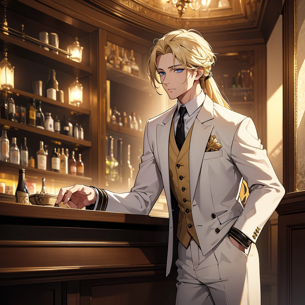 Masterpiece realistic, best high quality, perfect details, intricate details,detailed background,absurdres,highres,A man wearing a white suit,Black and yellow mesh hair,Blue eyes,With hands in pockets,He is at a stylish bar.long hair
