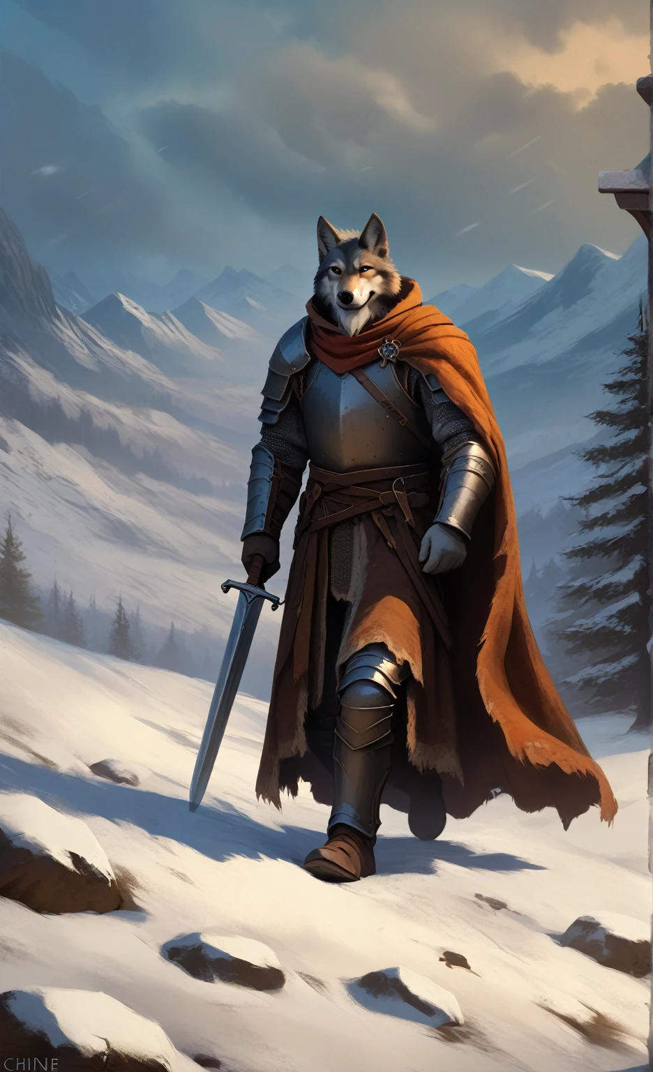 Solo, smug, friendly and stern looking, Solo anthro furry wolf medieval knight, he has dark grey and white fur, he has big white brows, he has long wizard furr beard, , he has long wizard furr beard, , he has long wizard furr beard, he is wearing heavy knight medieval old worn out rusted plate armor and a navy blue nlue blue blue medieval dirty worn out old cloak, he is holding a medieval sword, in blizzard battle mountains landscape, masterpiece digital painting, digital painting, full heavy iron plate armor, full medieval knight armor, full knight armor, heavy iron iron iron plate armor

