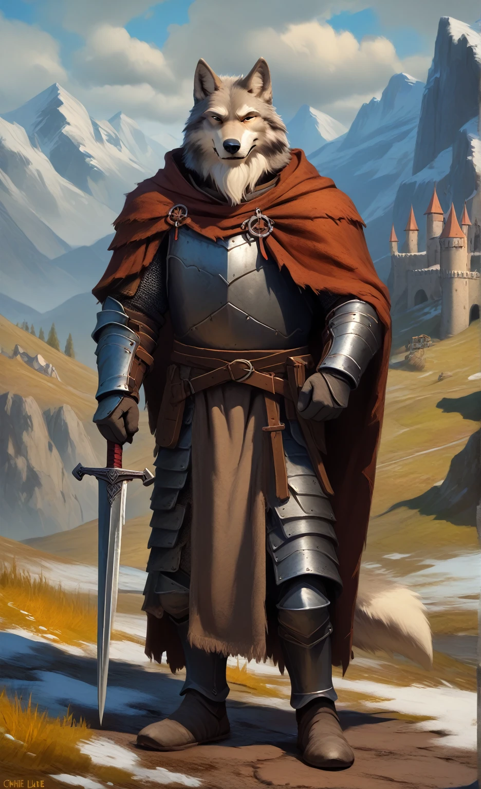 Solo, smug, friendly and stern looking, Solo anthro furry wolf medieval knight, he has dark grey and white fur, he has big white brows, he has long wizard furr beard, , he has long wizard furr beard, , he has long wizard furr beard, he is wearing heavy knight medieval old worn out rusted plate armor and a navy blue nlue blue blue medieval dirty worn out old cloak, he is holding a medieval sword, in blizzard battle mountains landscape, masterpiece digital painting, digital painting, full heavy iron plate armor, full medieval knight armor, full knight armor, heavy iron iron iron plate armor

