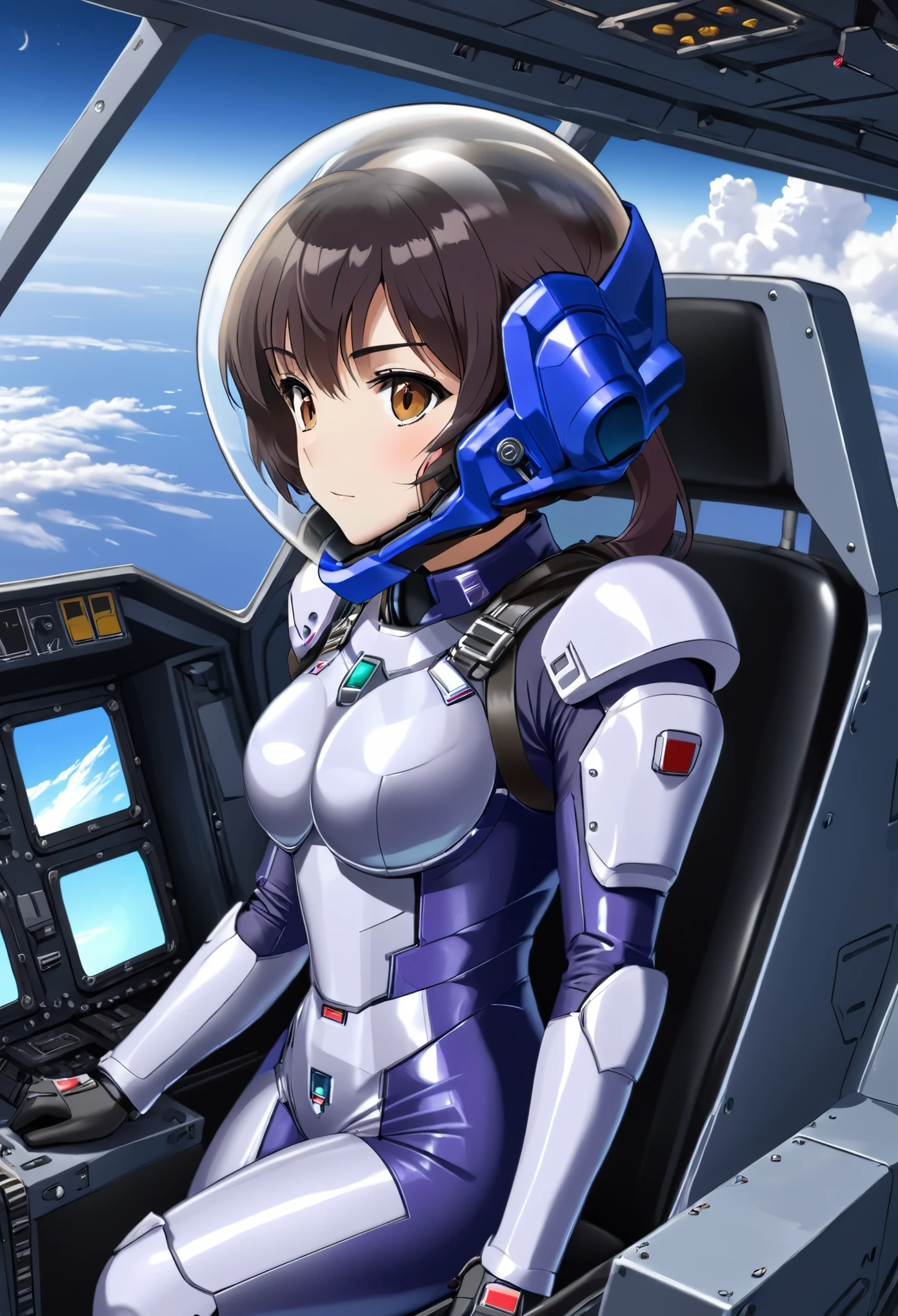 ((Female pilot in the cockpit of a reconnaissance plane), (airplane cockpit), (in flight), (10000 feet altitude)、(sky view):1.7),, short hair, street, emo, BLACK hair, white eyes, eyeliner, apocalypse, girl, nside the (cockpit:1.9) of a (futuristic spaceship:1.6), , blush,sitting on a chair, covered navel, space helmet, muvluv, space helm, plug suit , space helmet, eva helm, space suit, short hair, from below, from side
