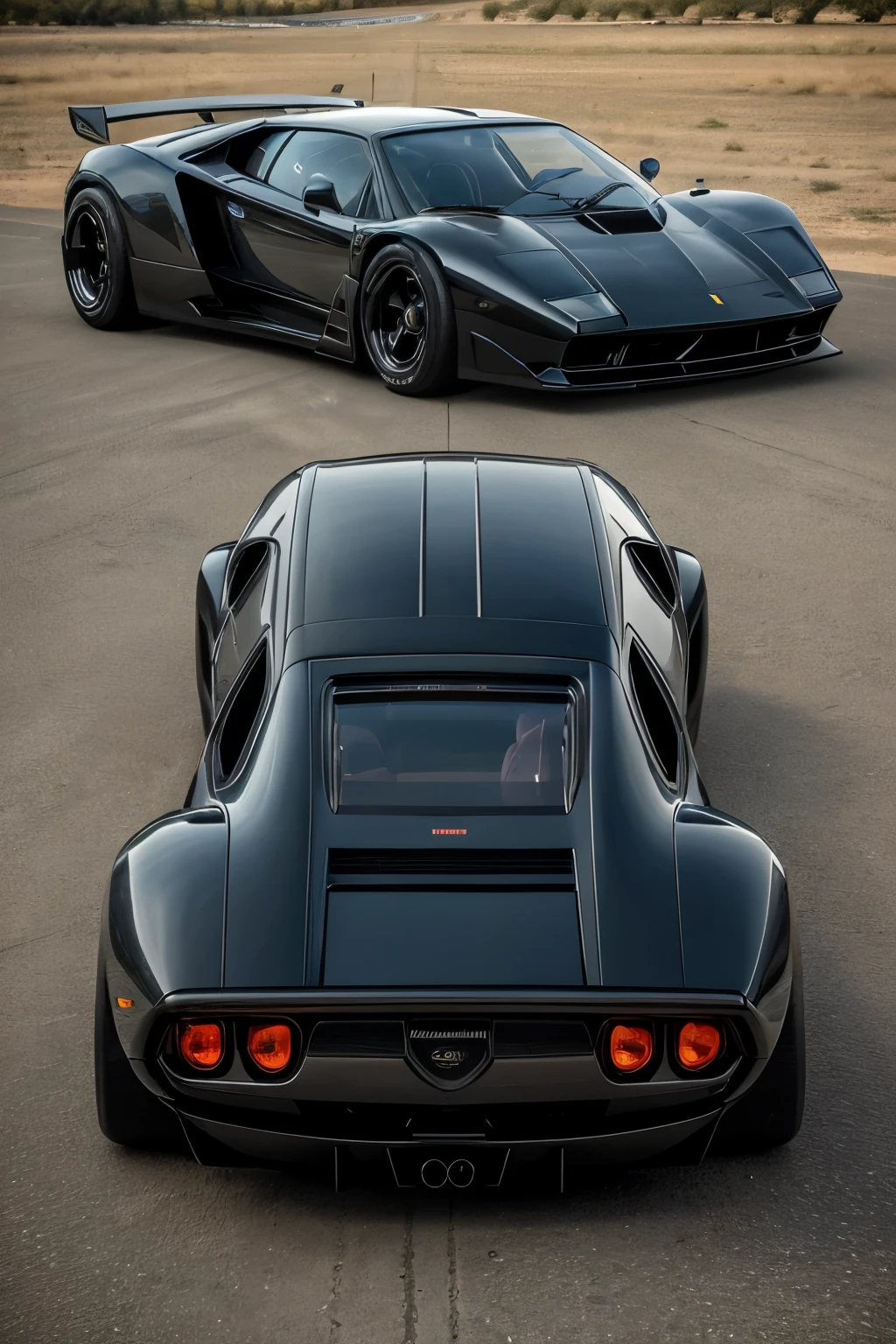 A stunning blend of the iconic Lamborghini Countach and Ferrari F-40, this image captures the essence of automotive elegance and power. ((0.75))((fusion))((Lamborghini Countach))((Ferrari F-40)), ((exterior shot))((front view)), ((low angle))((perspective)), ((glossy coat))((pristine finish)), ((dark red))((paint job)), ((retro styling)), ((sharp lines)), ((twin headlights)), ((scalloped hood)), ((large air intakes)), ((spoiler)), ((fat tires)), ((sleek curves)), ((chrome accents