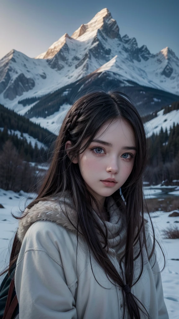 ((Masterpiece)),best quality, illustration, dark, 1 girl, in the wilderness,high mountain,Snow-capped mountains in the distance, castle, Beautifully detailed eyes,  Beautifully detailed hair,