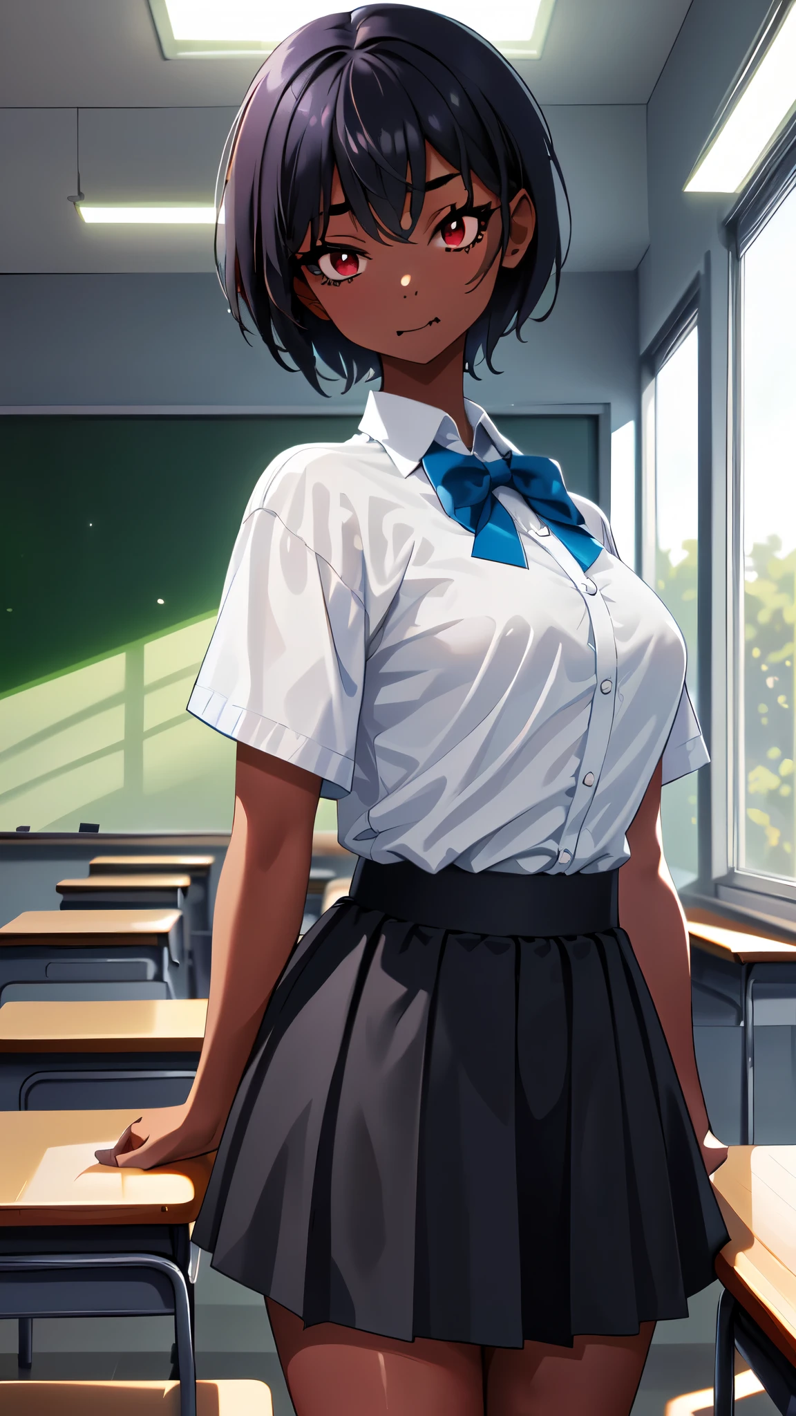 tomboyish high school girl, Dark skin , has neck-length black hair, red eyes, The 20-year-old has small fangs that match her loud and impulsive personality, She has an athletic and skinny appearance with large breasts wearing a Japanese  and at the same time wears a short black skirt with specs on the back of the skirt. . Context She is standing between two student desks and chairs in the classroom 