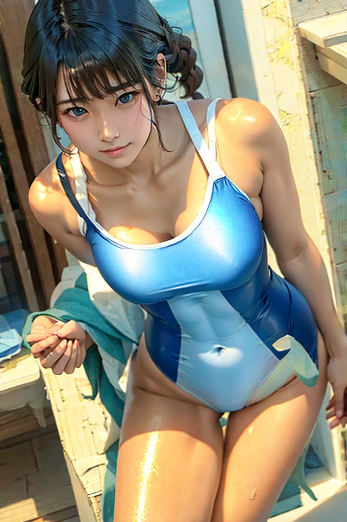 Stand with your feet apart、 Amazingly cute anime girls, Highest quality、ウルトラ - High resolution、High resolution、Detailed CG、8K Unit Wallpaper、、Beautiful and detailed、(((Super shiny white and light blue swimsuit ,)))、Beautiful sea、Sexy standing pose、Safe Work, Small breasts, Mischievous Smile