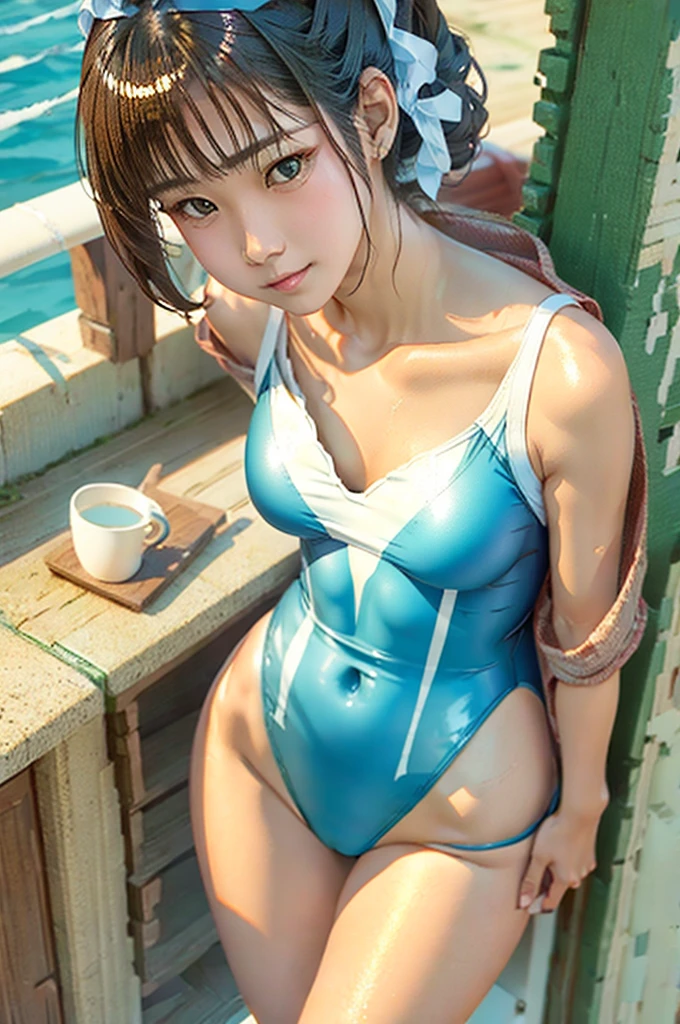 Stand with your feet apart、 Amazingly cute anime girls, Highest quality、ウルトラ - High resolution、High resolution、Detailed CG、8K Unit Wallpaper、************、Beautiful and detailed、(((Super shiny white and light blue swimsuit ,)))、Beautiful sea、Sexy standing pose、Safe Work, Small breasts, Mischievous Smile
