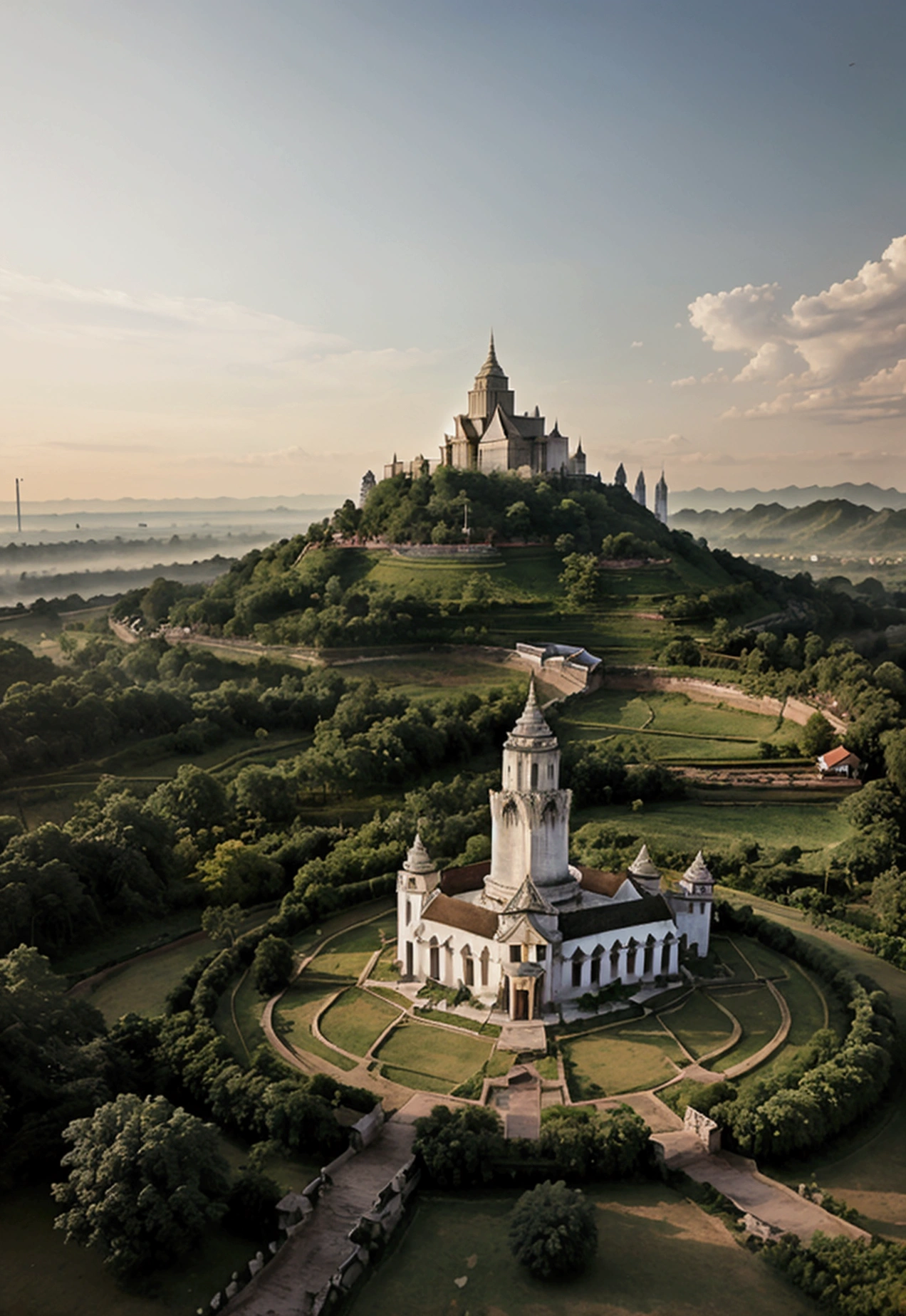 landscape of thailand, White tower and monastery on the hill, complex picture